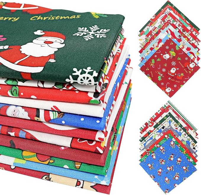 Christmas Fabric Bundles, 20 Pcs Different Pattern Christmas Quilting Fabric, Fabric Squares with Snowman and Santa Christmas Cotton Fabric Sewing Crafting DIY Supplies(9.8 x 9.8 Inch/25 x 25 cm)