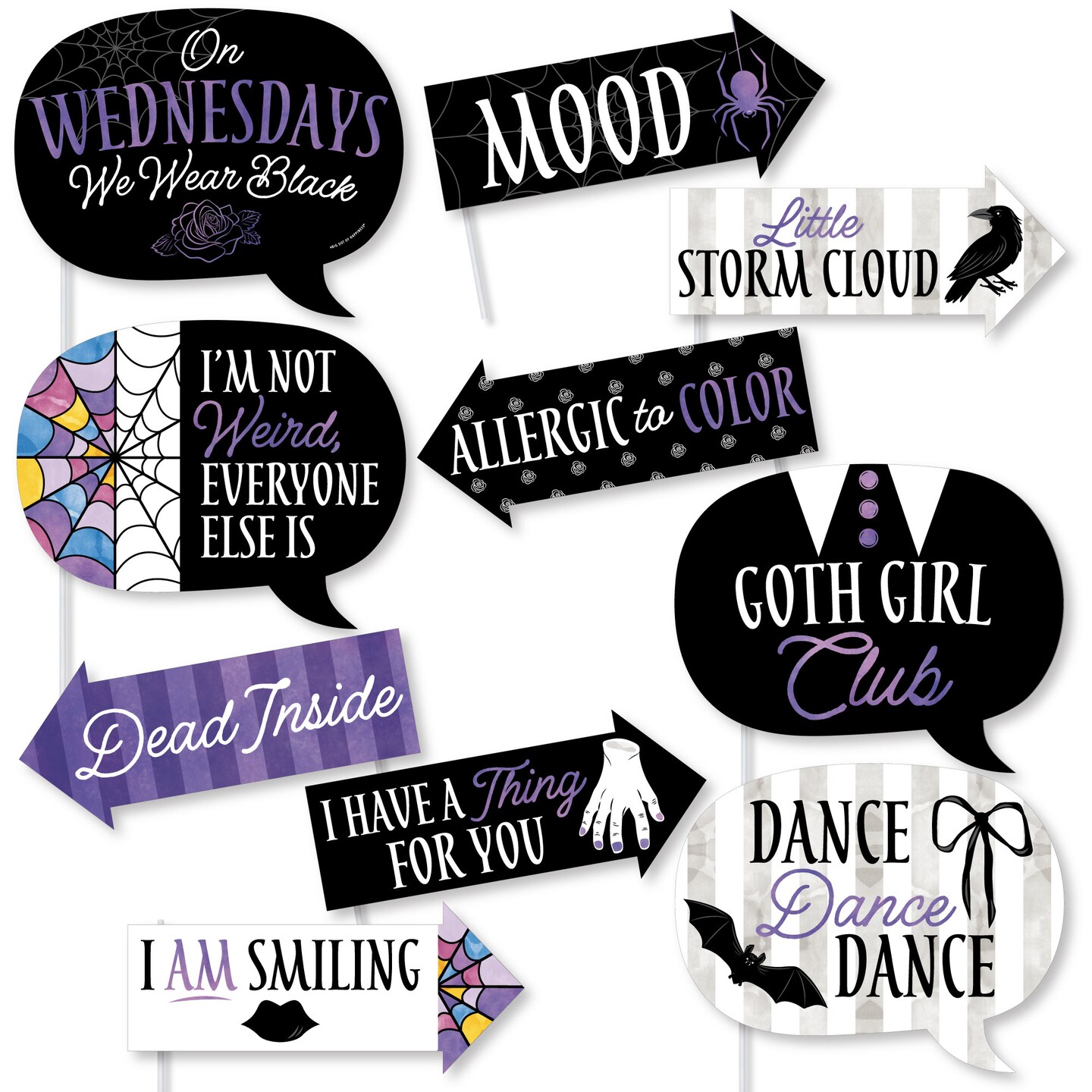 Big Dot of Happiness Goth Girl Funny Photo Props, Halloween or Birthday Party Decoration, Skulls, Ravens, Roses, Bats Photo Booth Props Kit – 10 Piece