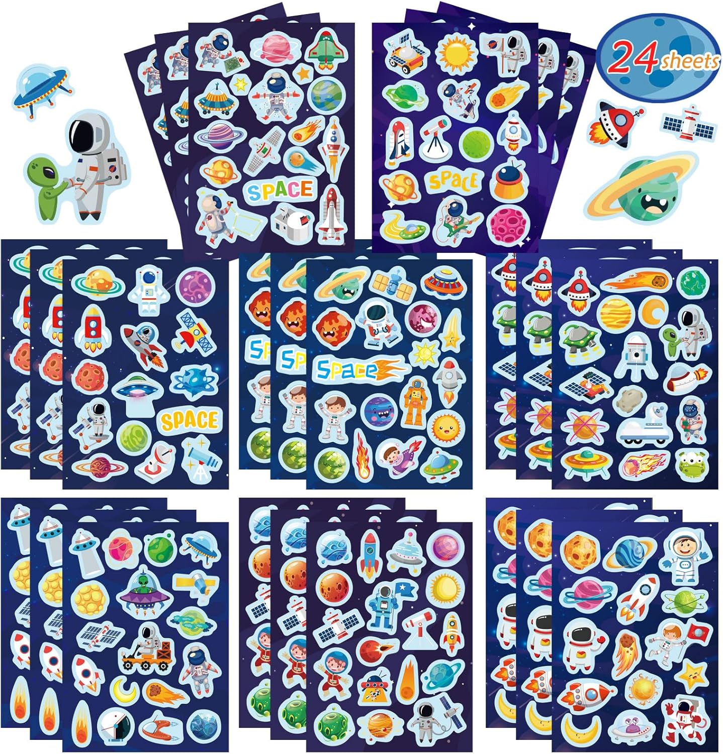 24 Sheets Space Themed Sticker Set - 8 Planets, Astronauts, Spaceships, and Rockets Explore Space Stickers for Kids Outer Space Themed Party Favors