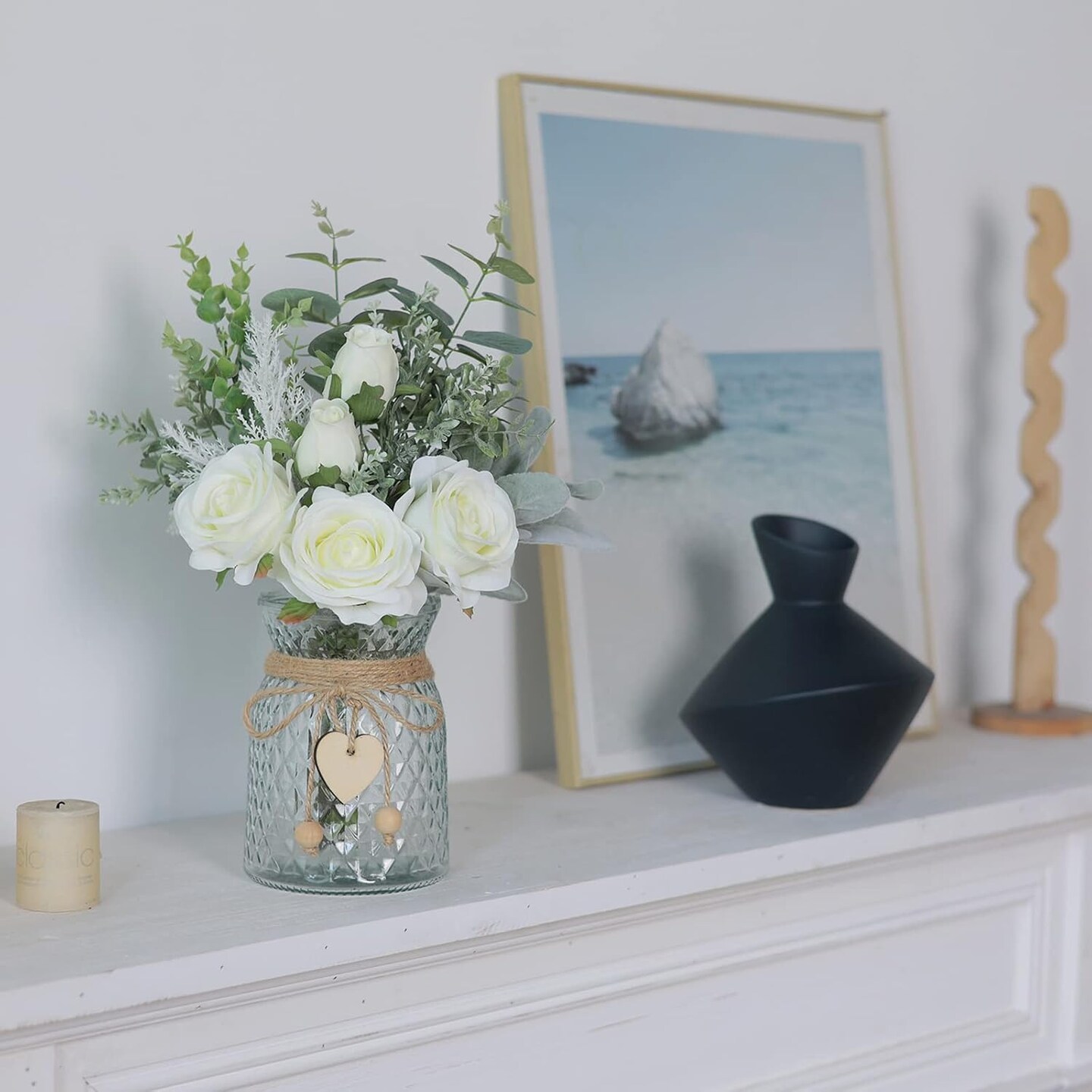 Faux Flowers with Vase,Artificial Silk Roses in Vase, Fake Plant Eucalyptus Flower Arrangement
