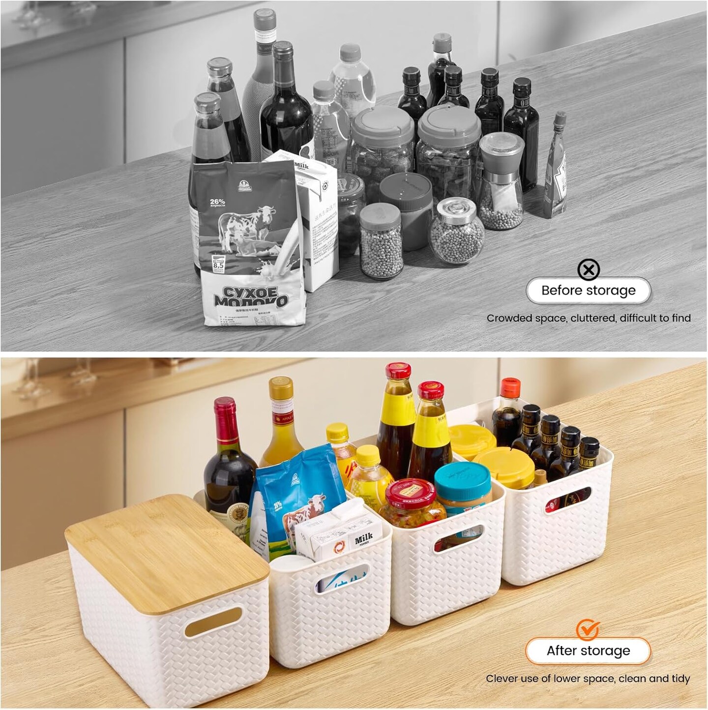 4 Pack Bamboo Lid Storage Bins - Stackable Plastic Containers for Organizing Desktop