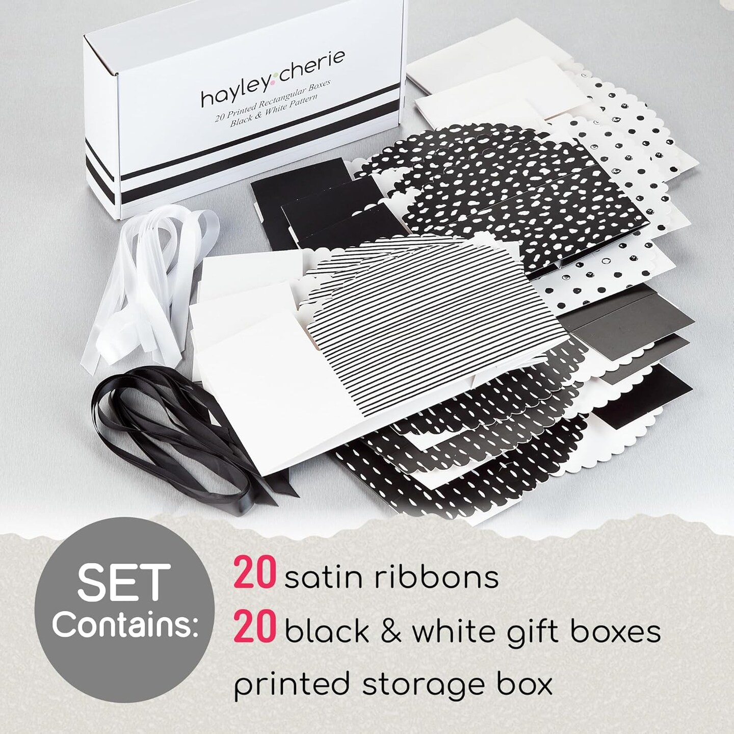 Small Black &#x26; White Gift Boxes with Lids &#x26; Ribbons (20 Pack) 8&#x201D; x 4&#x201D; Cute Decorative Treat Boxes Empty