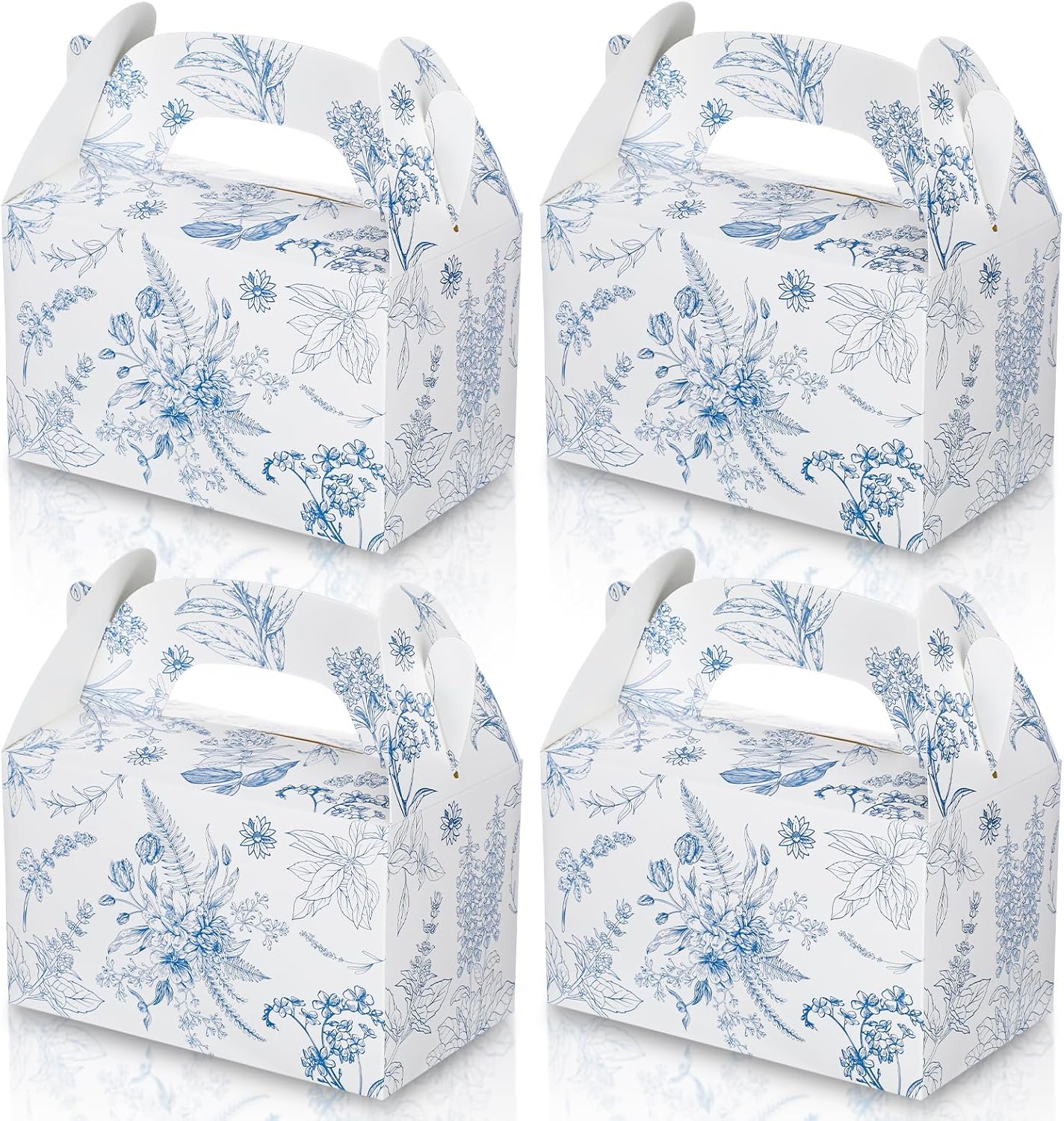 24-Pack Blue Floral Gable Gift Boxes - Chinoiserie Style Paper Party Favor Boxes with Handles - Decorative Floral Candy & Treat Boxes for Weddings, Tea Parties, and Bridal Showers
