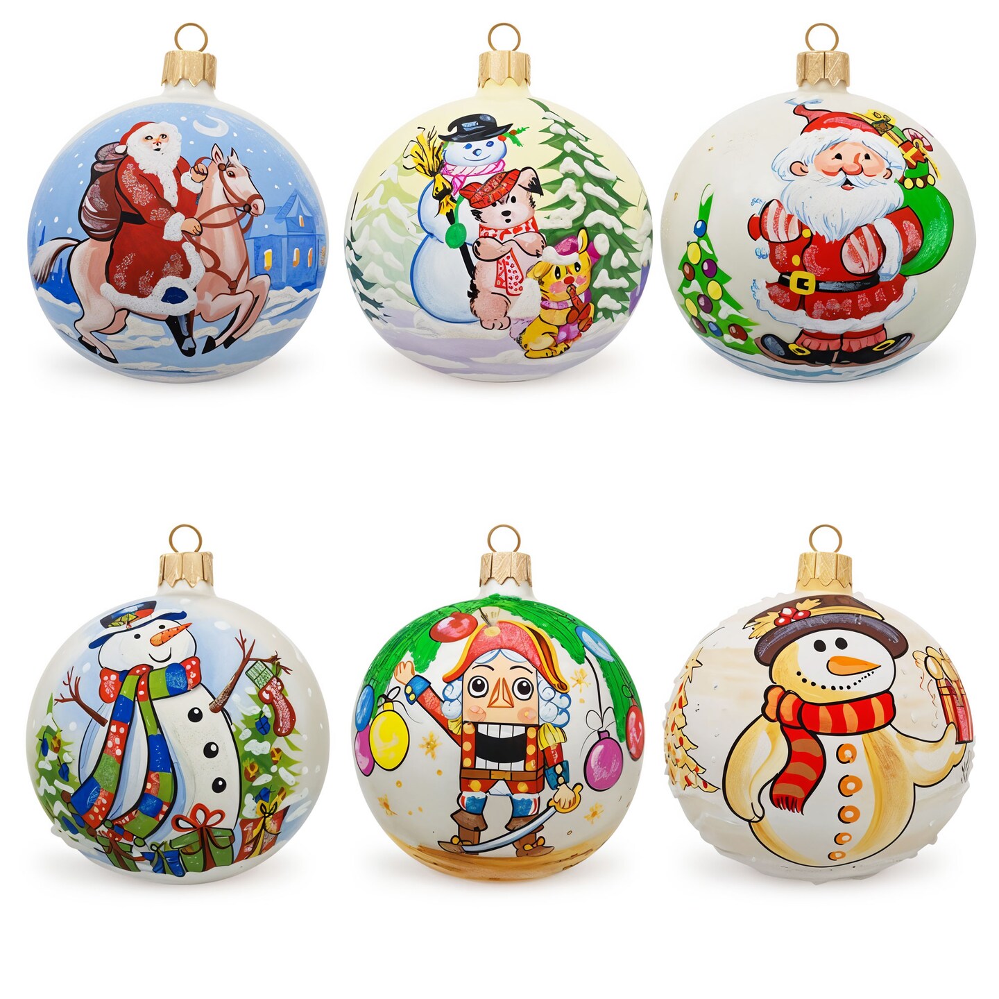 Set of 6 Glass Ball Christmas Ornaments - Snowmen, Santa&#x27;s &#x26; Nutcracker