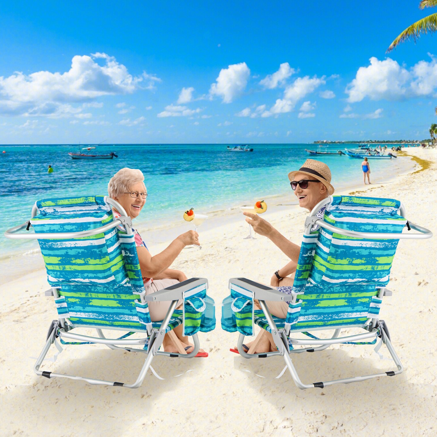 Aluminum Reclining Beach Chairs with Storage Set of 2