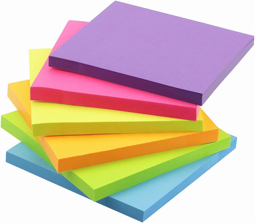 Sticky Notes 6 Bright Color 6 Pads Self-Stick Notes 4 in x 4 in, 70 Sheets/Pad