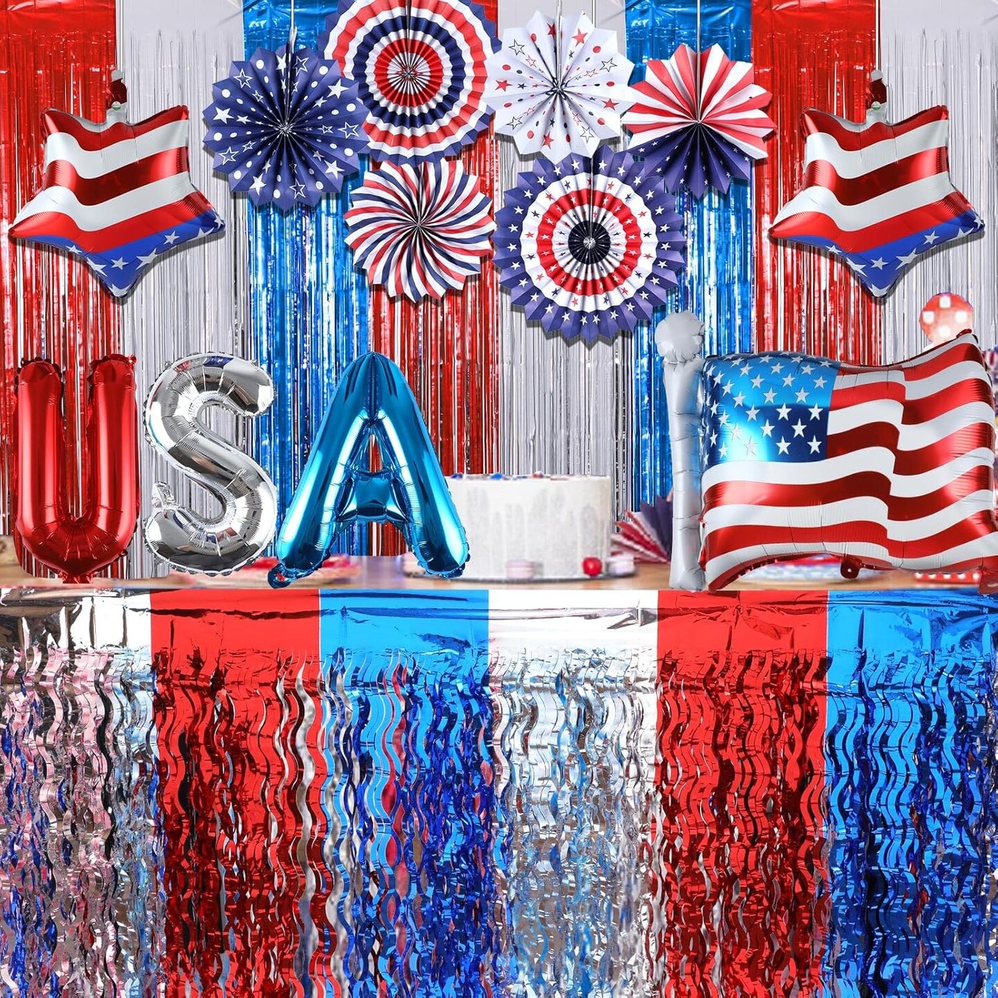 Patriotic Party Supplies Set USA Hanging Paper Fans Foil Fringe Curtains Backdrop Metallic Tinsel Table Skirt USA Flag Foil Balloon for Independence Day Party Supplies