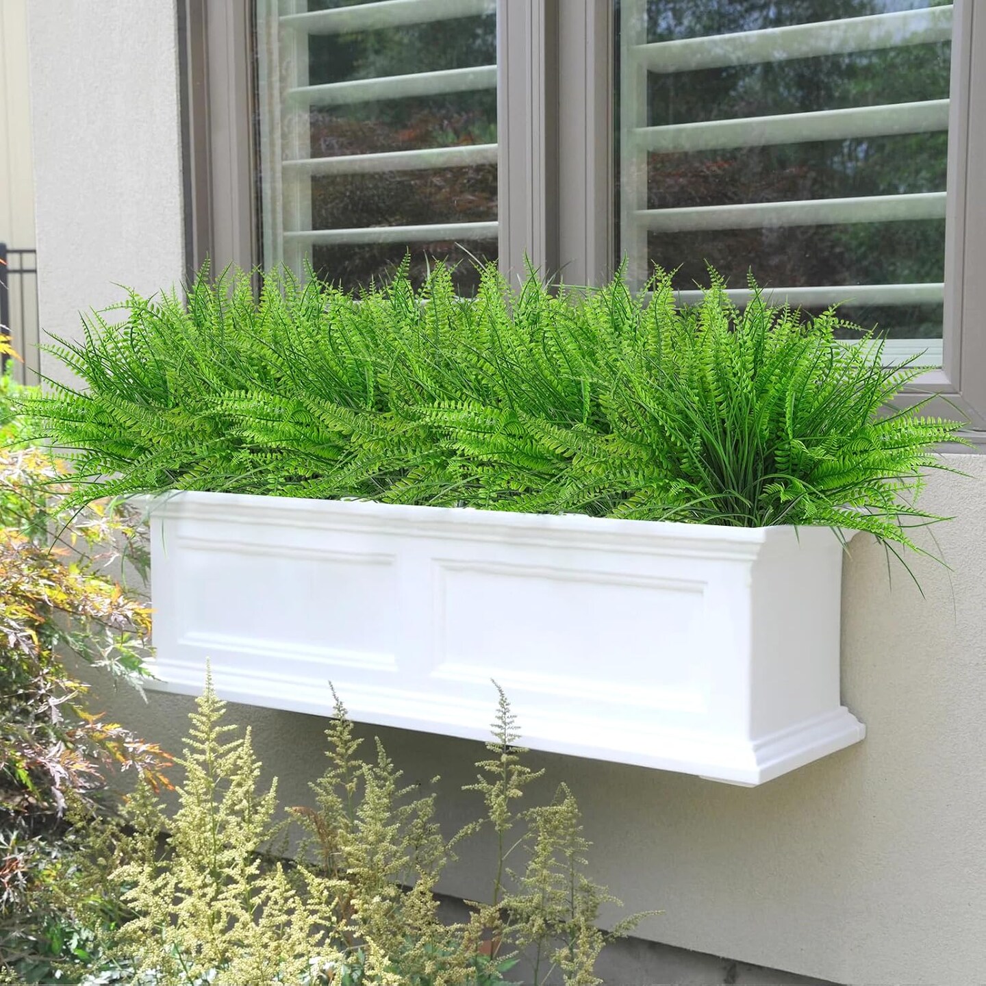 8 Bundles Artificial Plants Boston Fern Wheat Grass Shrubs Outdoor Faux Plants Faux Fern Stems UV Resistant Artificial Outdoor Plants Greenery for Home Gardens Patio Yards Decor