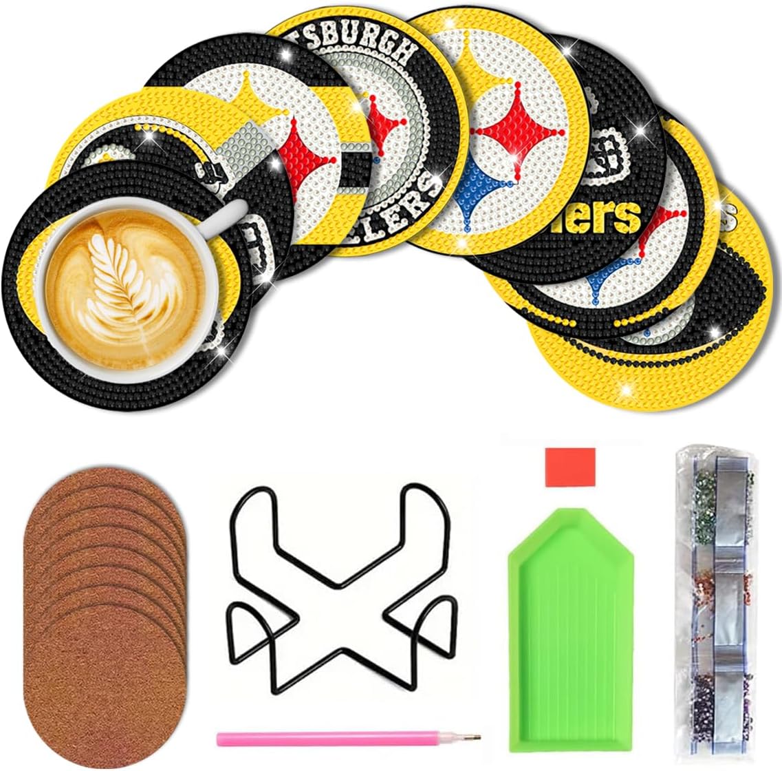 8 Pcs Football Diamond Art Painting Coasters Kits with Holder DIY Diamond Art Coasters for Adults Beginners Craft Supplies