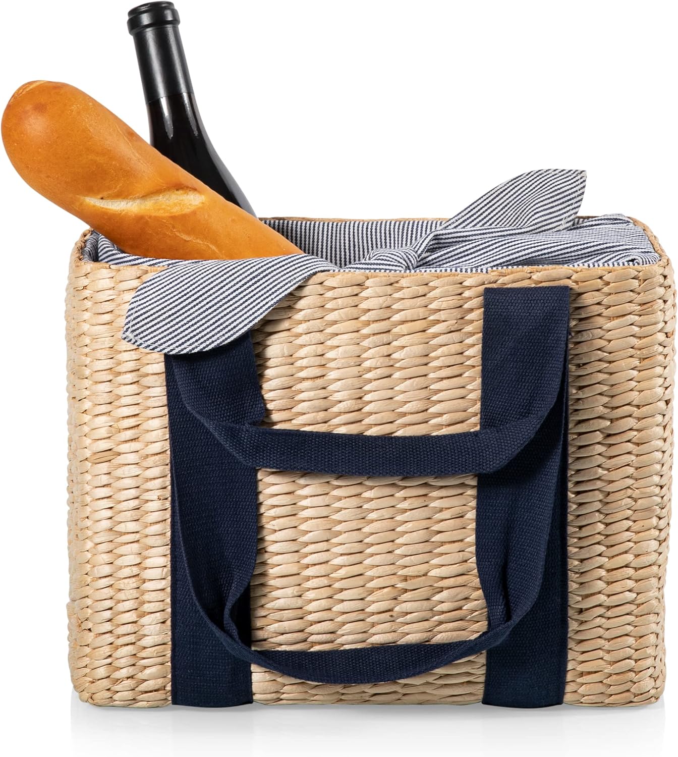 Parisian Picnic Basket, Insulated Seagrass Picnic Basket, Waterproof, Stylish, Perfect for Picnics, Beach, Office Lunches, Dinner Parties, and Gifts (Beige with Navy Blue Accents)