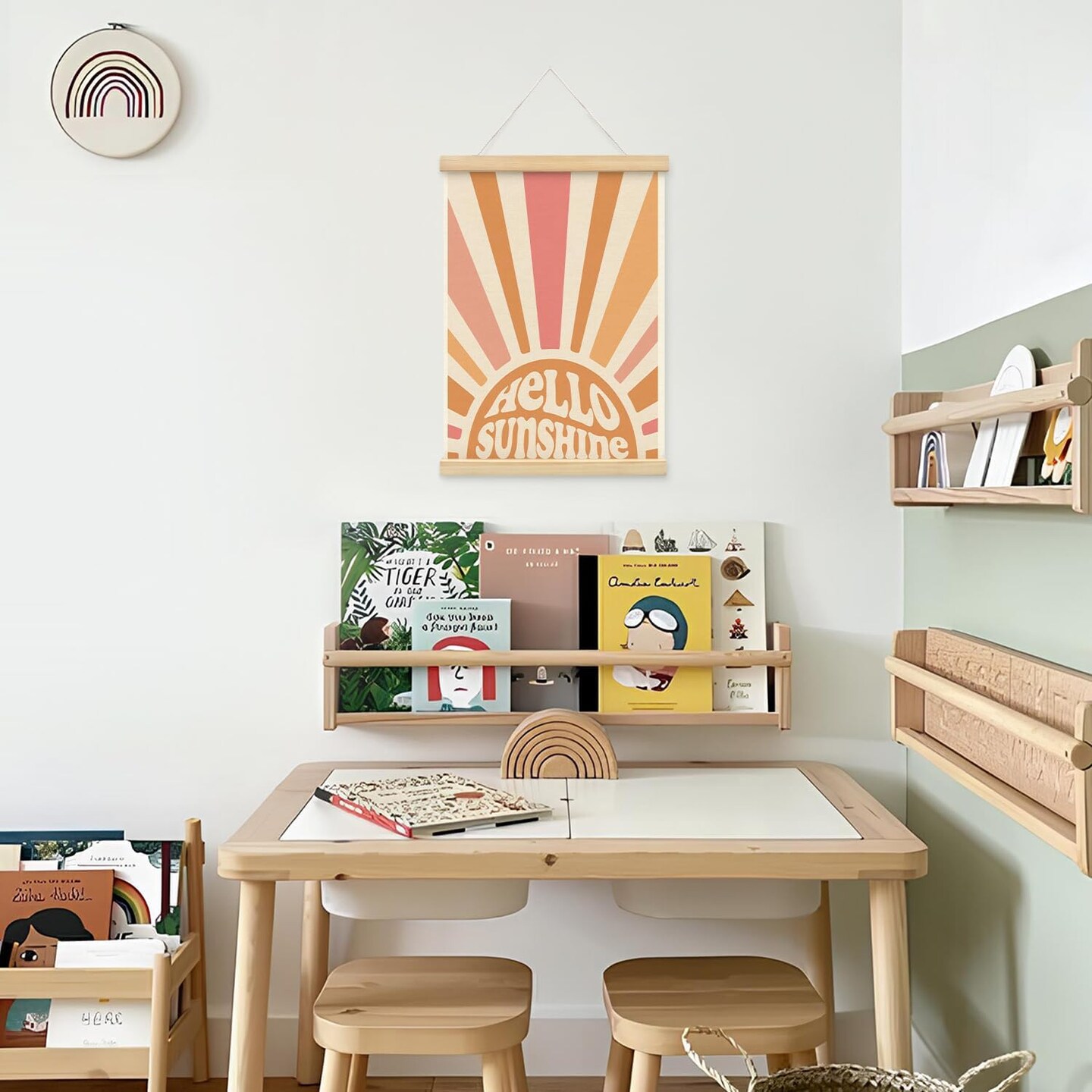 Hello Sunshine Boho Summer Sun Decor Poster Hanger Frame - Door Wall Boho Nursery Wooden Frames,Motivational Wall Hanging Banner Decor for Bedroom Playroom Homeschool School 12x16 Inch