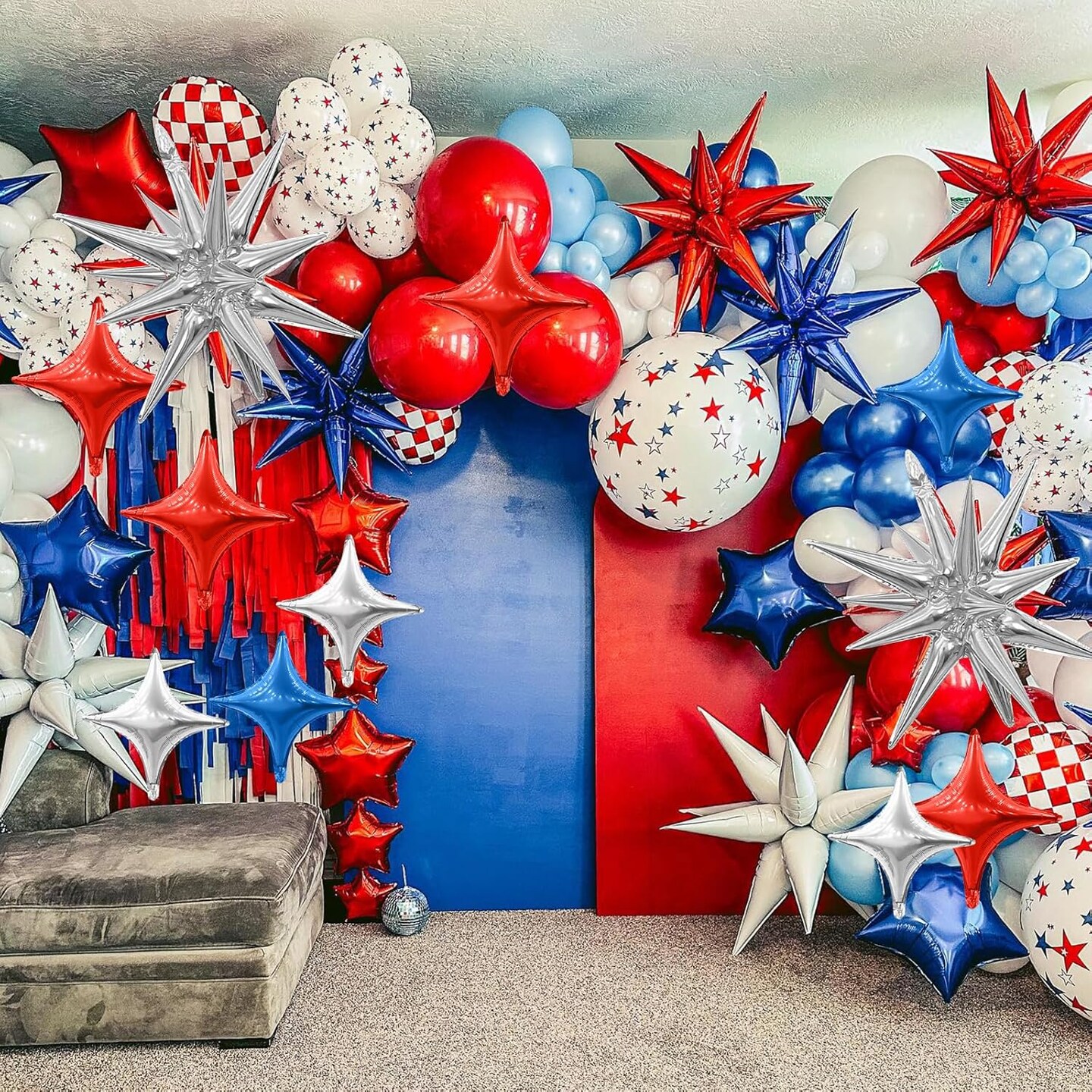 Red Blue Silver Star Balloons,Explosion Star Balloons Kit with 6Pcs 22Inch Cone Star Foil Balloons and 10Pcs 10Inch Four Pointed Star Balloons