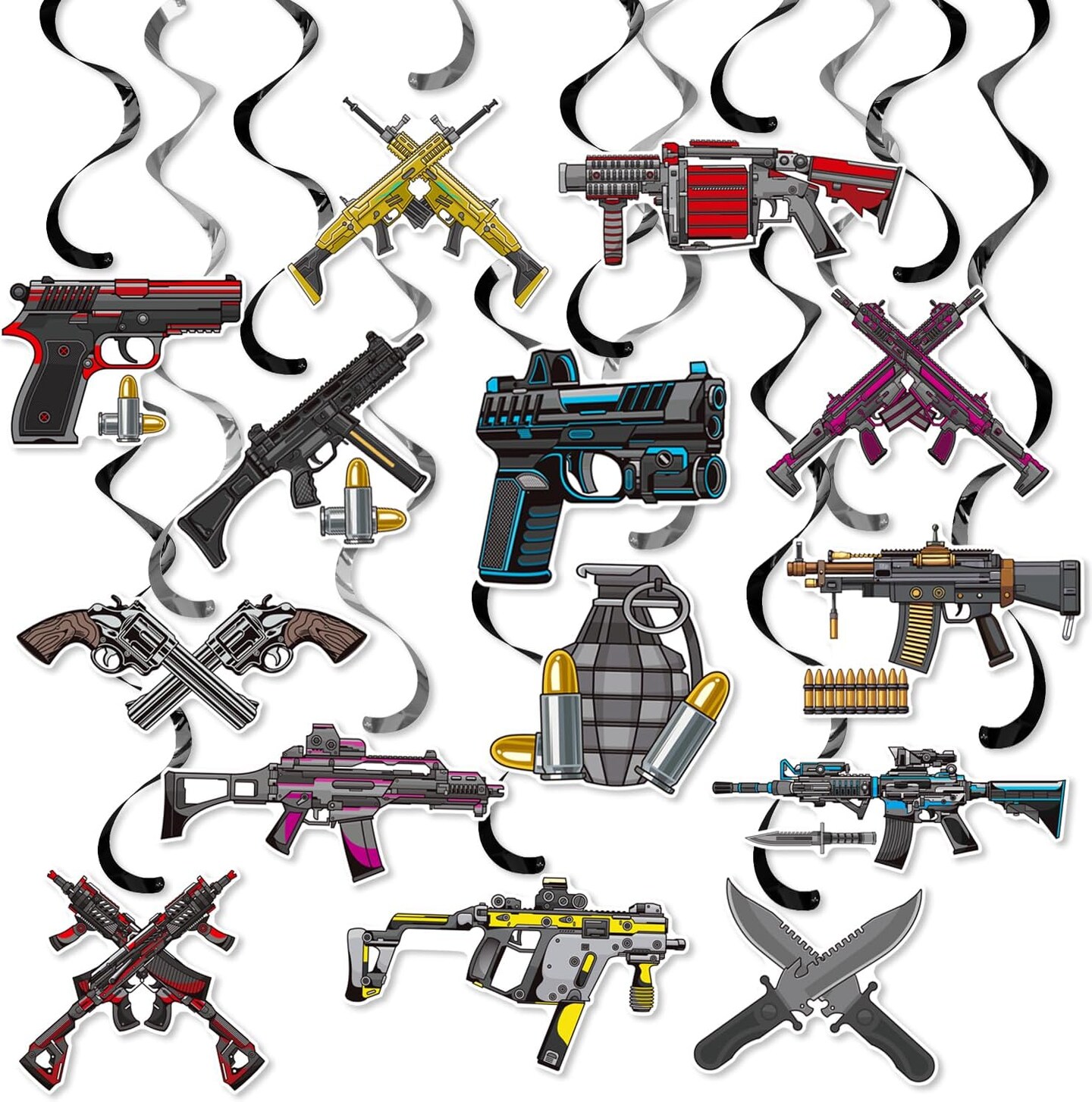 Gun Hanging Swirls Gun Pistol Party Hanging Decorations 20PCS Gun Shooting Ceiling Swirls Gun Themed Birthday Party Hanging Streamers for Gun Party Baby Shower Supplies