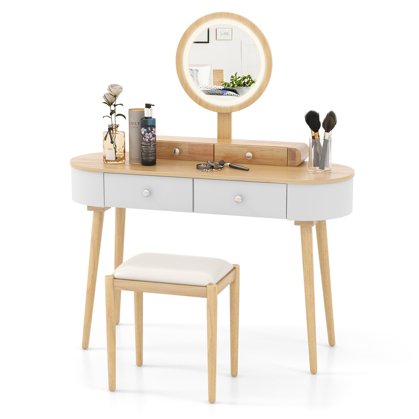 LED Lighted Vanity Table Set with Adjustable Mirror & Cushioned Stool