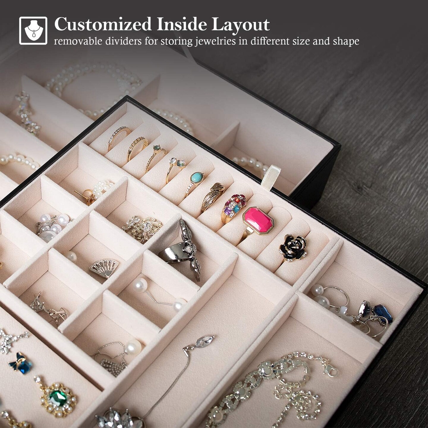 2 Layers Large Leather Jewelry Organizer Storage