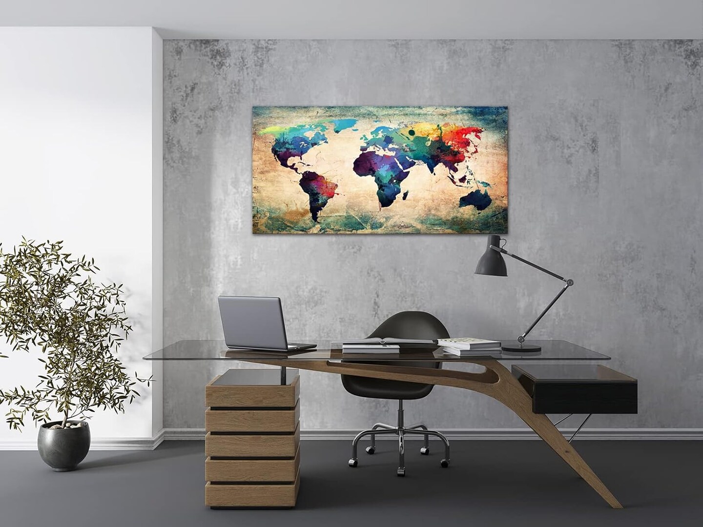 Abstract World Map Canvas Painting Vintage Posters Prints Colorful Wall Art Wall Pictures Framed Ready to Hang for Living Room Bedroom Office Home Decor