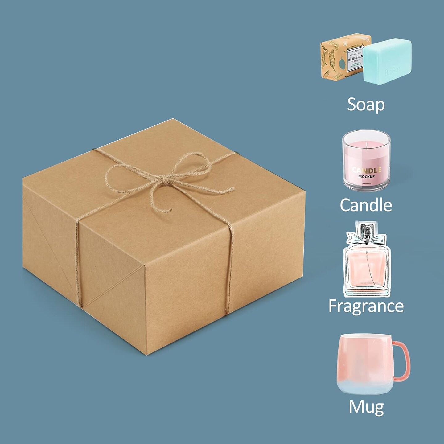Premium Gift Boxes 10 Pack 8 x 8 x 4 Brown Paper Gift Boxes with 20 Meters Hemp Rope for Gifts, Bridesmaid Proposal Boxes, Easy Assemble Boxes