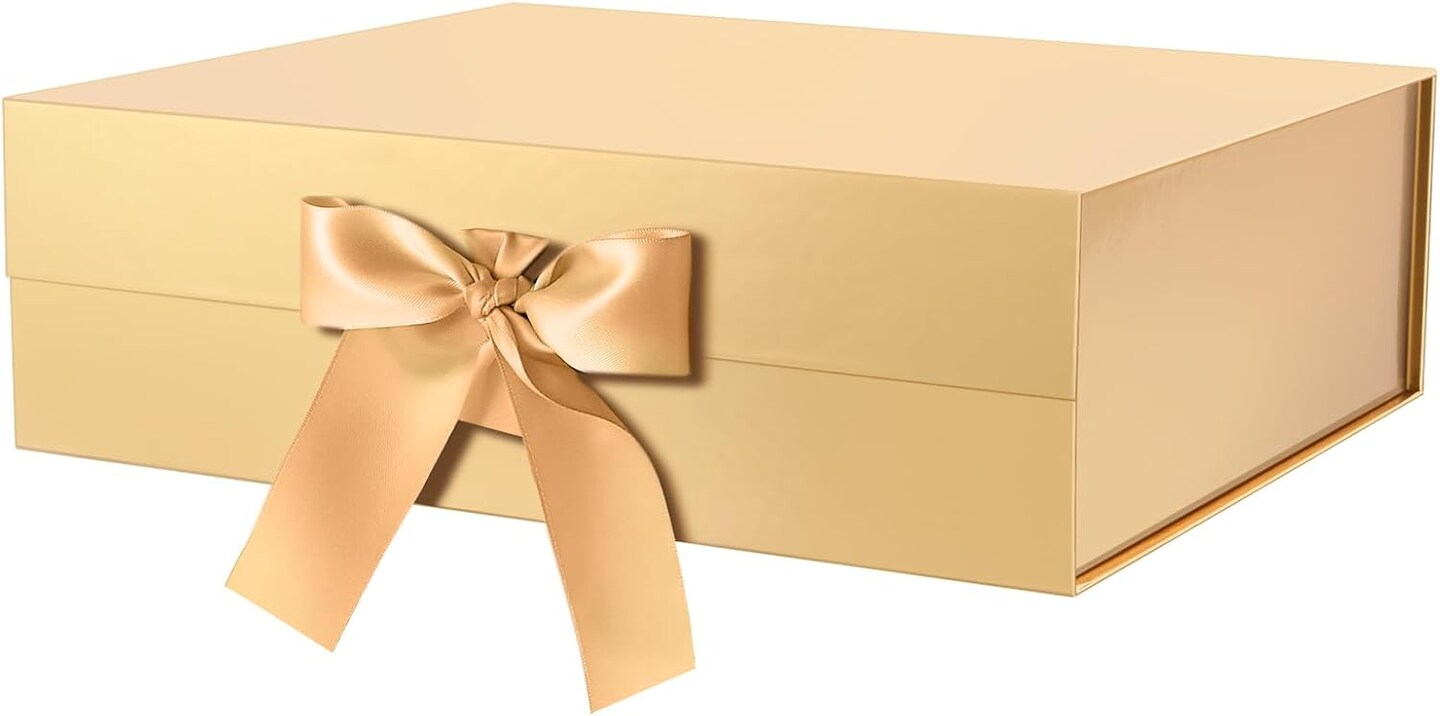 Extra Large Gift Box with Lid for Present 16.3x14.2x5 Inches, Mother&#x27;s Day Gold Magnetic Gift Box with Ribbon, Bridesmaid Proposal Gifts Box