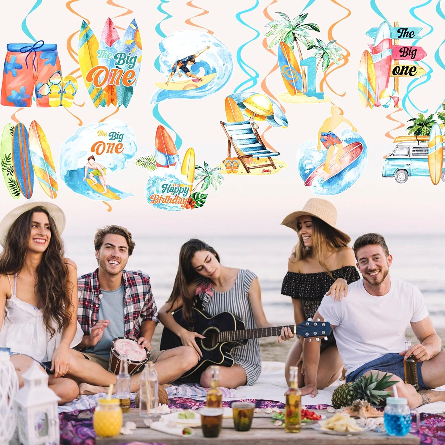 Summer Surfing Party Hanging Swirls Vintage Surfing Birthday Decoration Surfboard Themed Swirl Ceiling Summer Beach Surf Party Hanging Streamer for Hawaii Party The Big One Surf Party Supplies