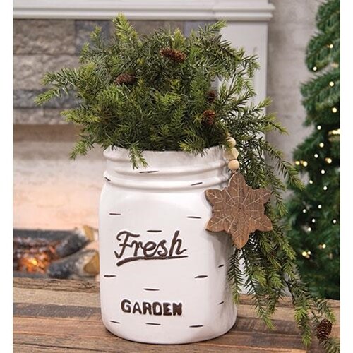 13&#x201D;H Distressed White Enamel Mason Jar Planter Vintage Farmhouse Vase for Flowers and Decor