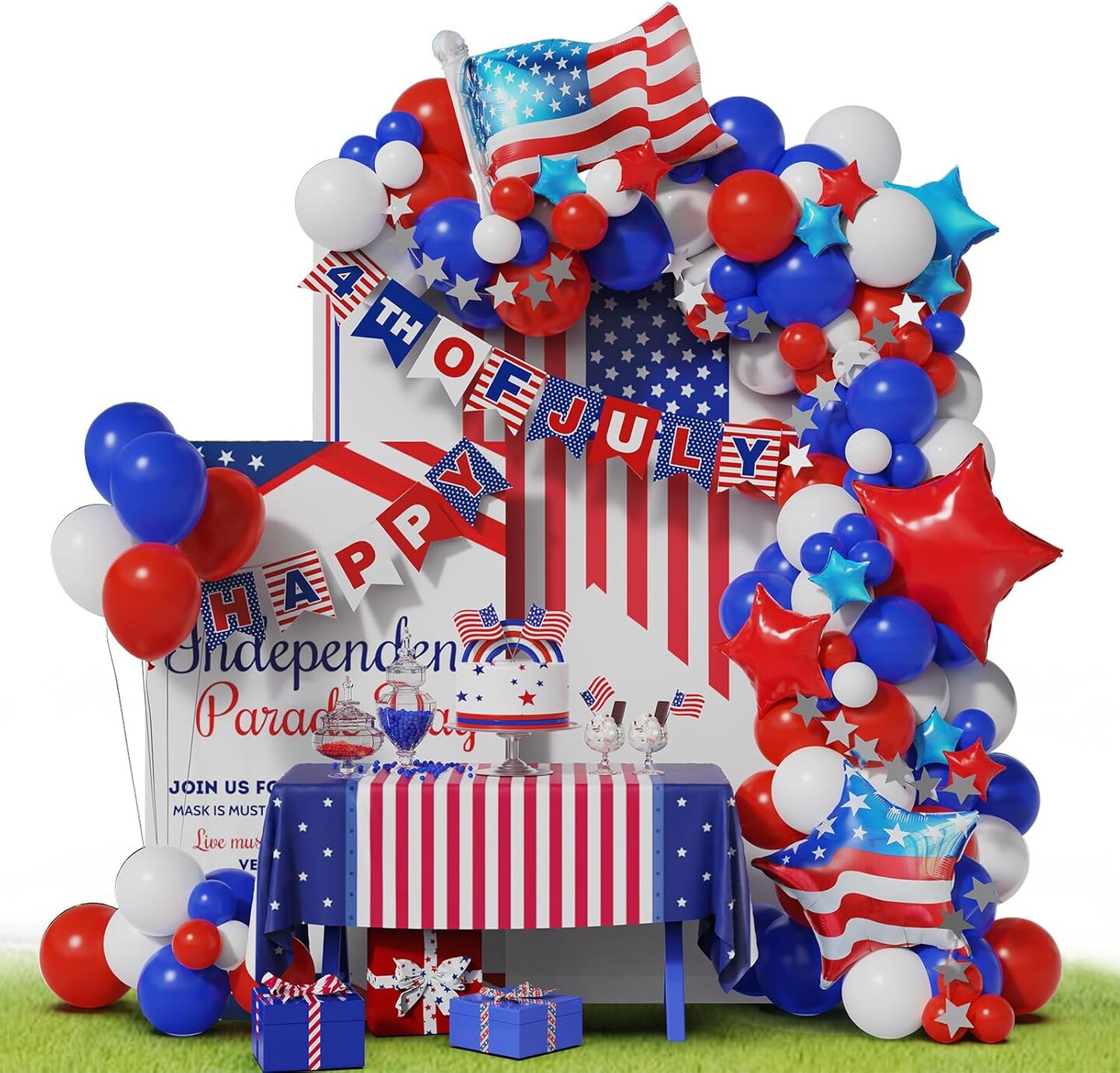 4th of July Balloon Garland Arch Kit,100pcs Navy Blue Red White Balloons Arch With Paper Banner For Independence Day Patriotic Party Supplies, July 4th Balloon Decorations with Shiny Stars Pendants