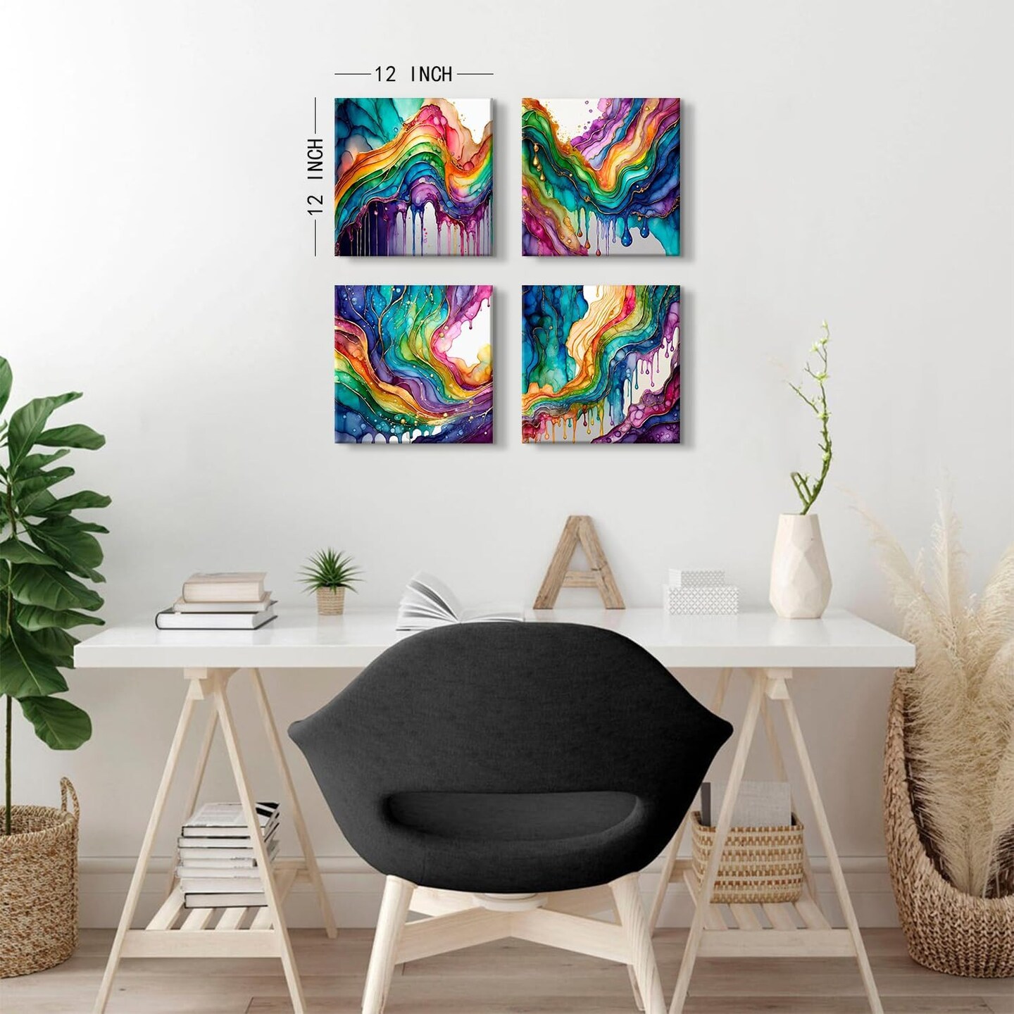 Abstract Rainbow Wall Art Colorful Fluid Lines Pictures for Living Room Modern Graffiti Wall Decor Watercolor Fantasy Red Green Blue Liquid Painting Canvas Prints Bedroom Home Decorations 12x12” 4Pcs