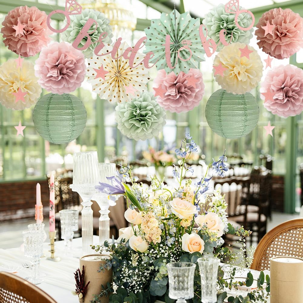 Sage Green and Dusty Pink Bachelorette Party Decorations Bridal Shower Decorations Bride to Be Banner Sage Green Dusty Pink Paper Pom Poms Paper Star Garland Engagement Wedding Shower Party Decor