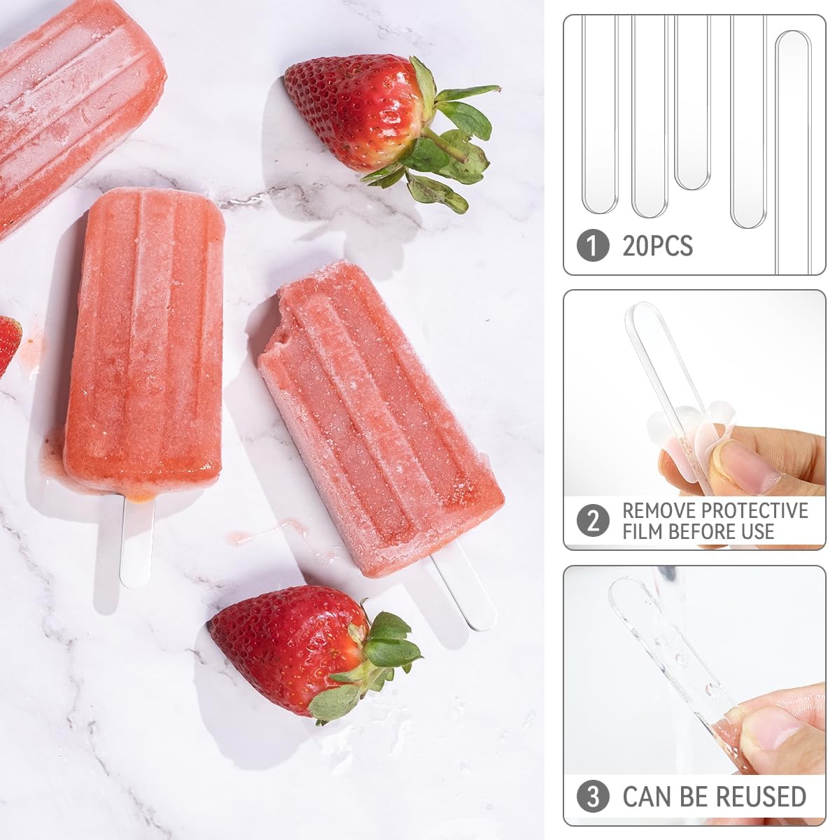 20 Pieces Reusable Acrylic Popsicle Sticks 4.5 Inch Popsicle Mold Sticks for DIY Ice Pop, Cake Pop,Candy Desert Making Crafts (Transparent)