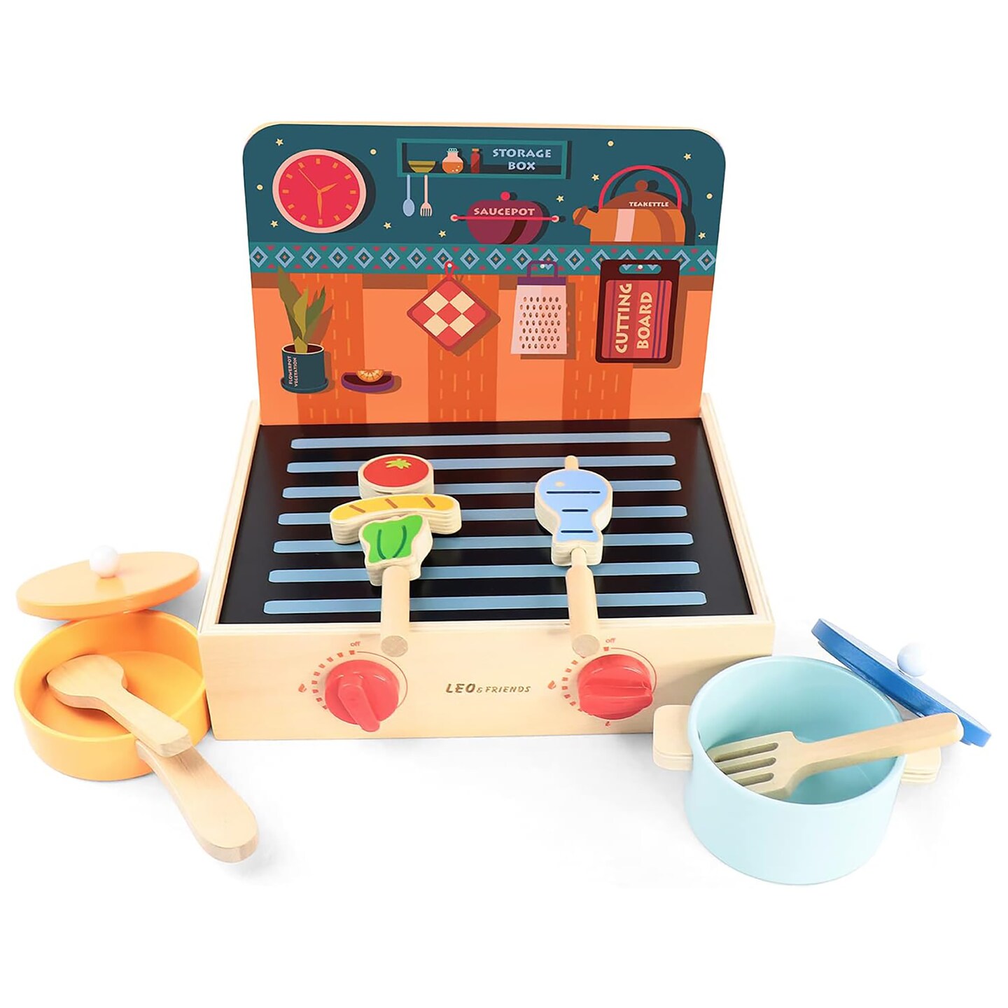 LEO &#x26; FRIENDS: 2-In-1 Mini Kitchen Wooden Play Set - 15pcs - Grill Stove Top &#x26; Accessories, Food-Cooking-Baking Pretend Play, Kids &#x26; Toddlers Ages 2+