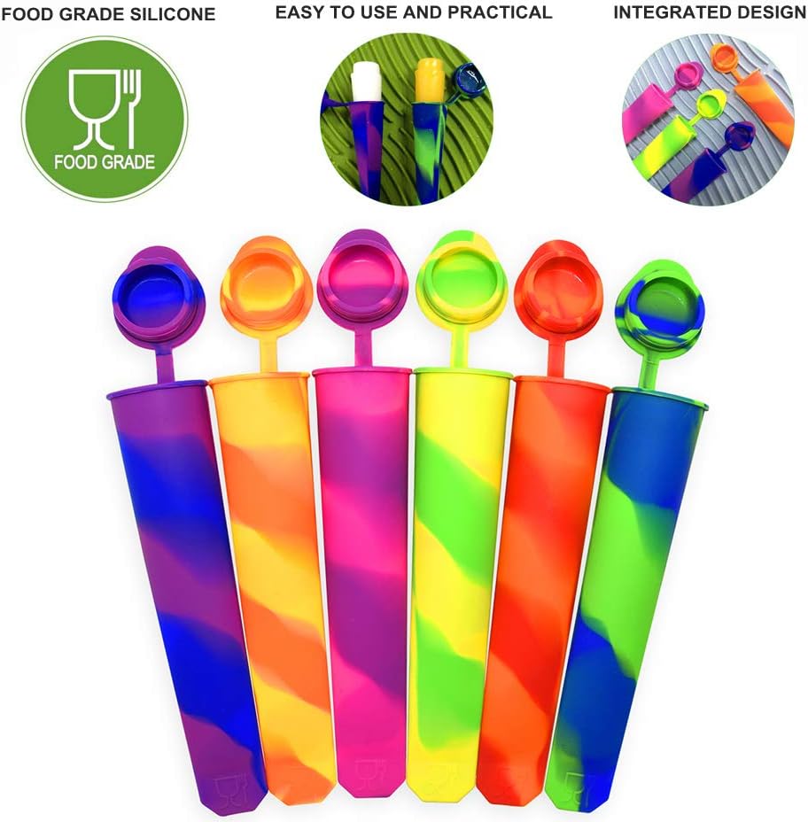 Popsicle Molds for Kids,6 Pieces Popsicles Molds Silicone BPA- Free Popsicle Molds with Rack,Multicolored Reusable Popsicle Maker Ice Pop Molds Attached Lids for Adults Kids with Cleaning Brush