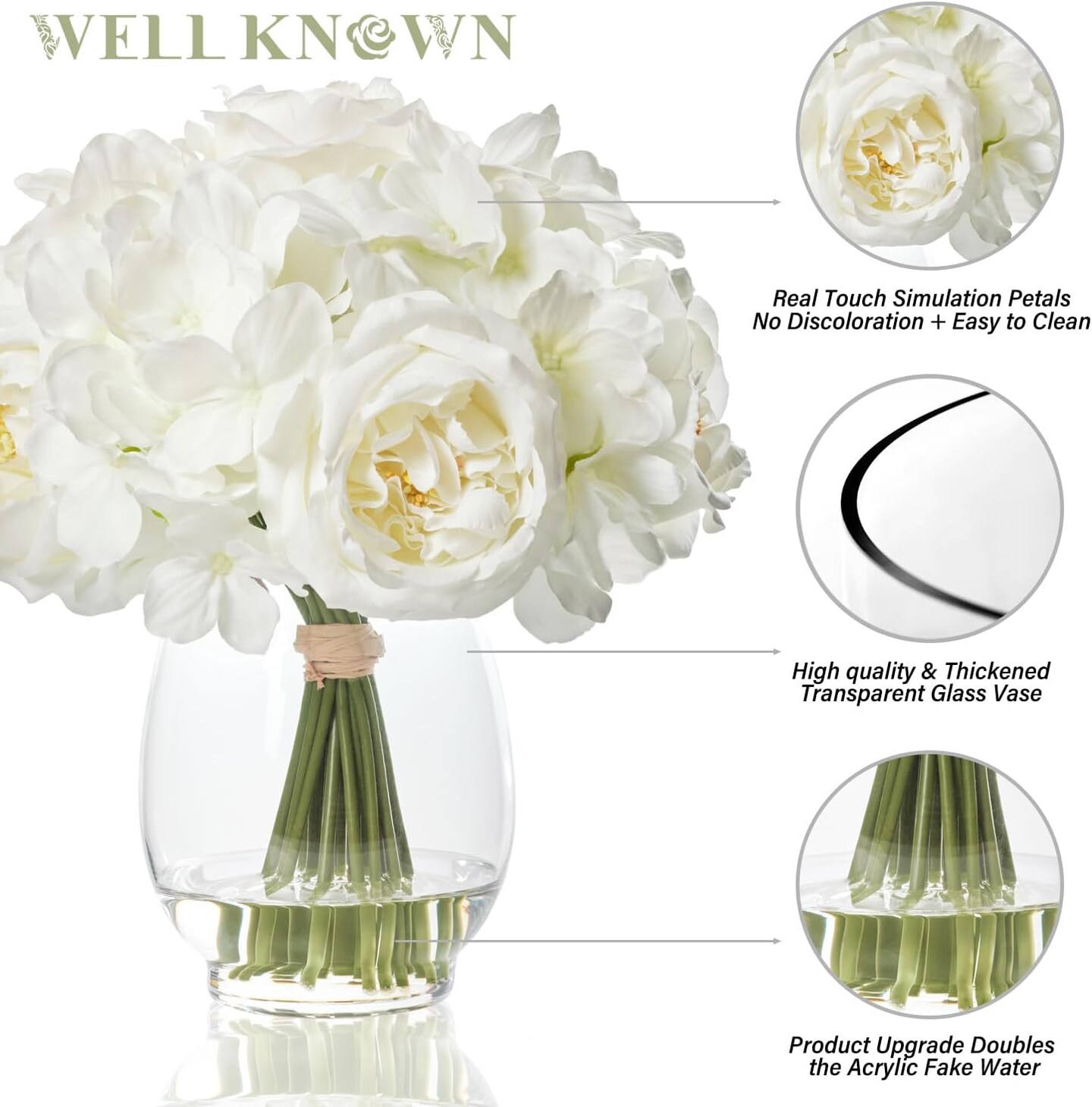 Artificial Ivory White Hydrangea Austin Rose Flower Arrangement in Vase with Fake Water, Real Touch Fake Flowers Faux Hydrangea Centerpieces