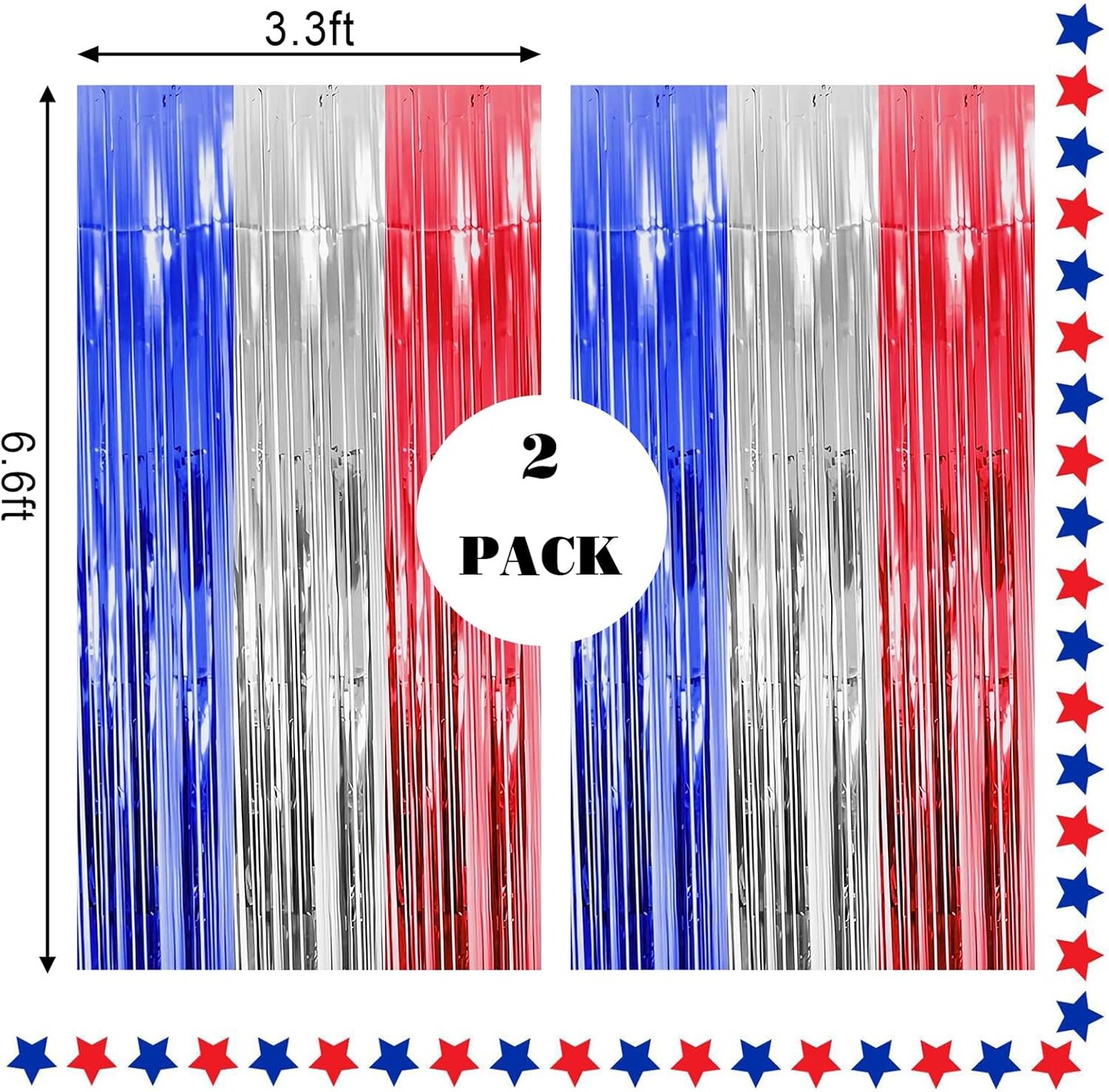 2pcs 3.3x6.6ft Red White and Blue Tinsel Foil Fringe Curtains 4th of July Decorations Party Streamer Backdrop for America Patriotic Party, Memorial Day, Independence Day, Labor Day
