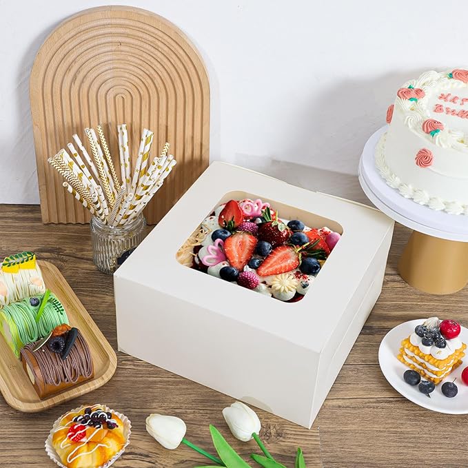 24pcs Cake Boxes, 10x10x5 Inches White Square Bakery Boxes with Window Cajas Pasteles for Cake, Mother's Day, Pastries, Chocolates, Cookies, Pie, Birthday Party, Wedding