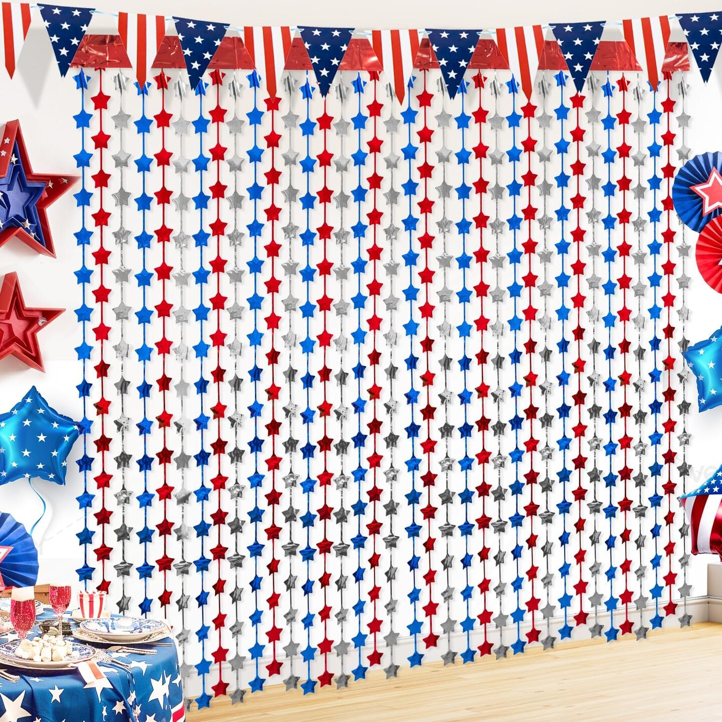 4th of July Decorations, 4 Pack Red Blue and White Star Tinsel Foil Fringe Curtains with 1 Pack Banner, Independence Day Fringe Curtain Backdrop for Photo Booth, Memorial Day, Patriotic Party