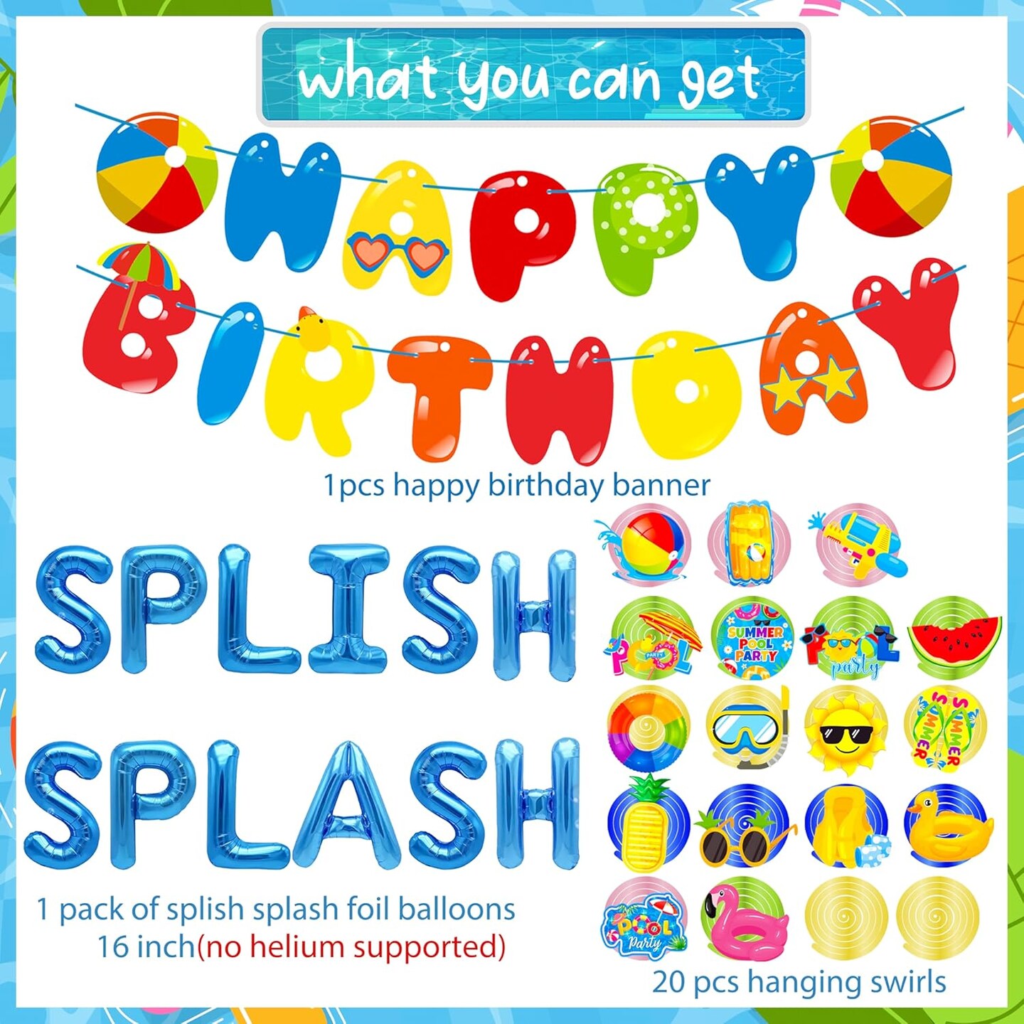 Splish Splash Birthday Bash Party Supplies Splish Splash Balloons Beach Happy Birthday Banner Summer Pool Party Hanging Swirls for Boys Hawaiian Summer Pool Beach Party Decorations