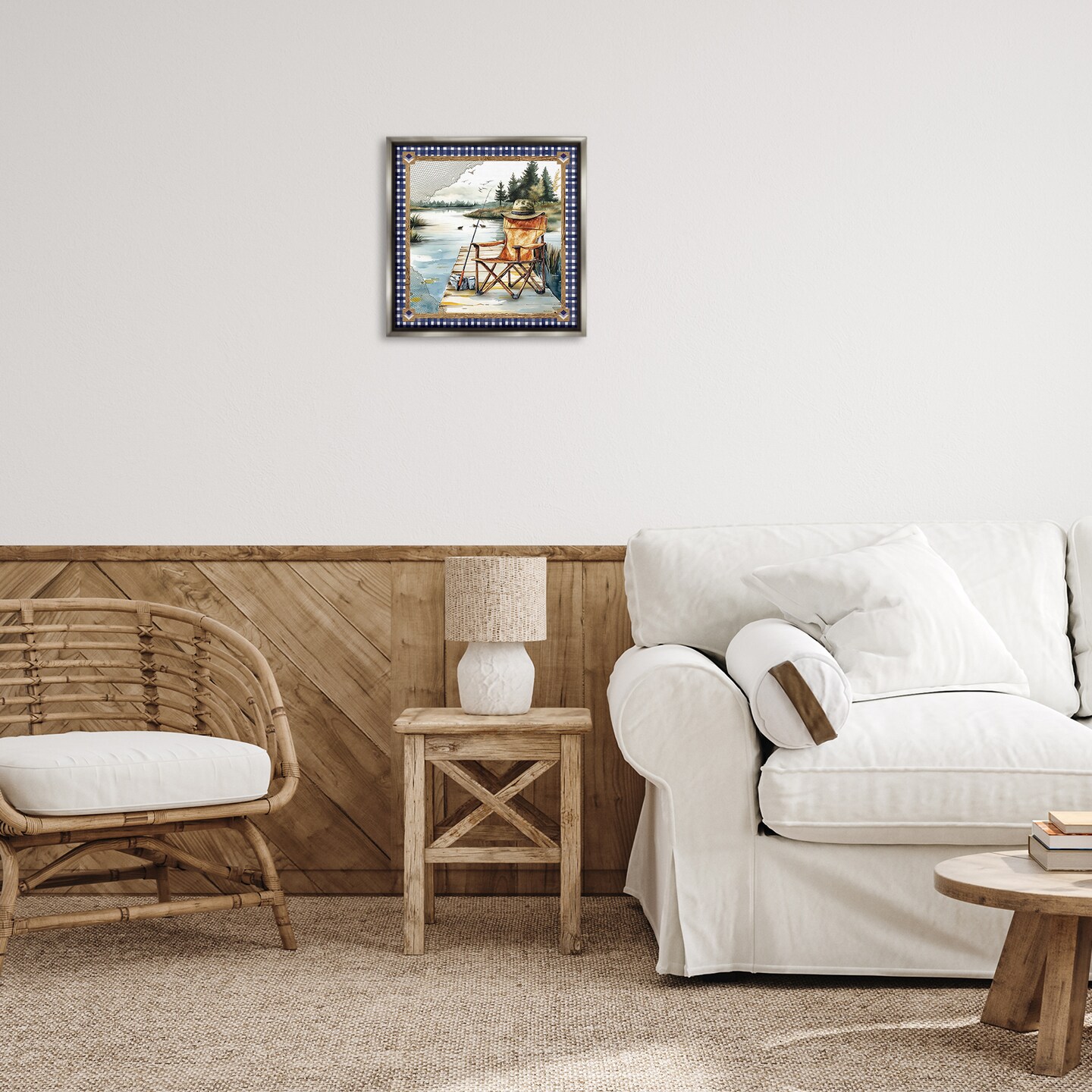 Stupell Industries Fishing Chair on Dock Floating Frame Design by Nicole DeCamp