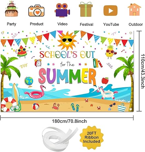 School&#x27;s Out for The Summer Backdrop Summer End of School Year Party Background Kindergarten Preschool Graduation Party Decorations Banner Photo Booth Props (White, 6x3.6ft)
