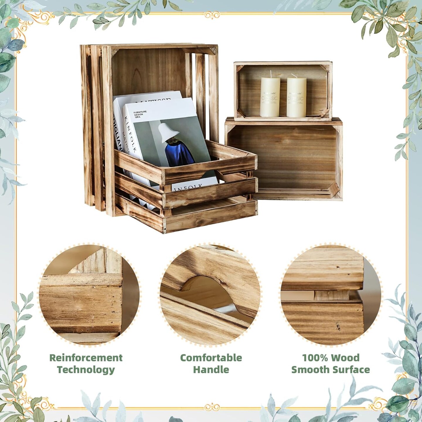 Large Wooden Crates Set of 4 Decorative Storage Box with Handles, Rustic Torched Brown Farmhouse Wooden Crates for Display, Organizer Container Baskets Box for Kitchen, Pantry, Bedroom