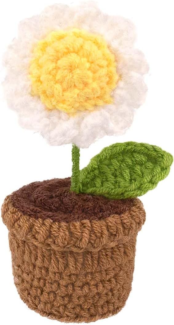 Handmade Crochet Flowers,Small Potted Knitted Desk Decorations Home Decoration Car Dashboard Decorations Crochet Artificial Flower (Daisy)