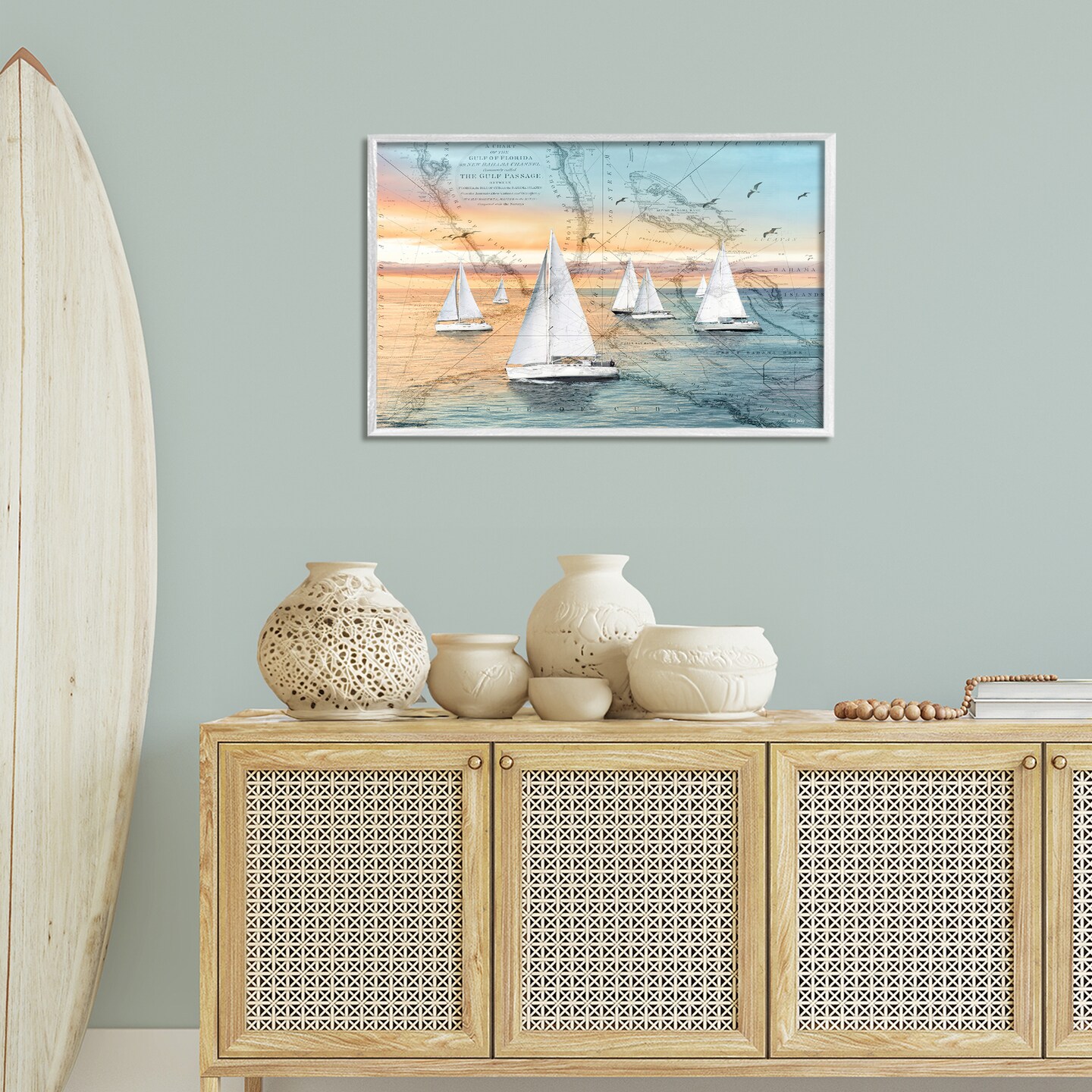 Stupell Industries Nautical Ships & Vintage Map Framed Giclee Design by Amber Sterling