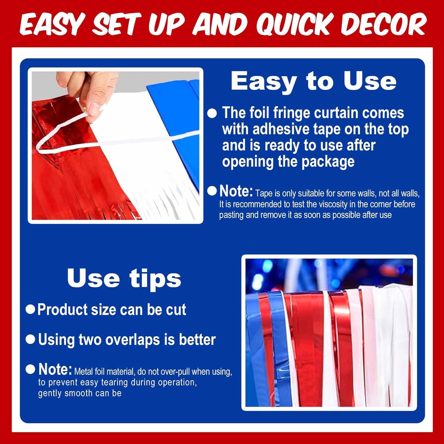 3 Pack White Blue Red Foil Fringe Curtains Backdrop, 3.28 x 6.6 Ft Metallic Streamers Tinsel Curtains Background for Photo Booth, Birthday, Halloween, Christmas, New Year Party Decorations