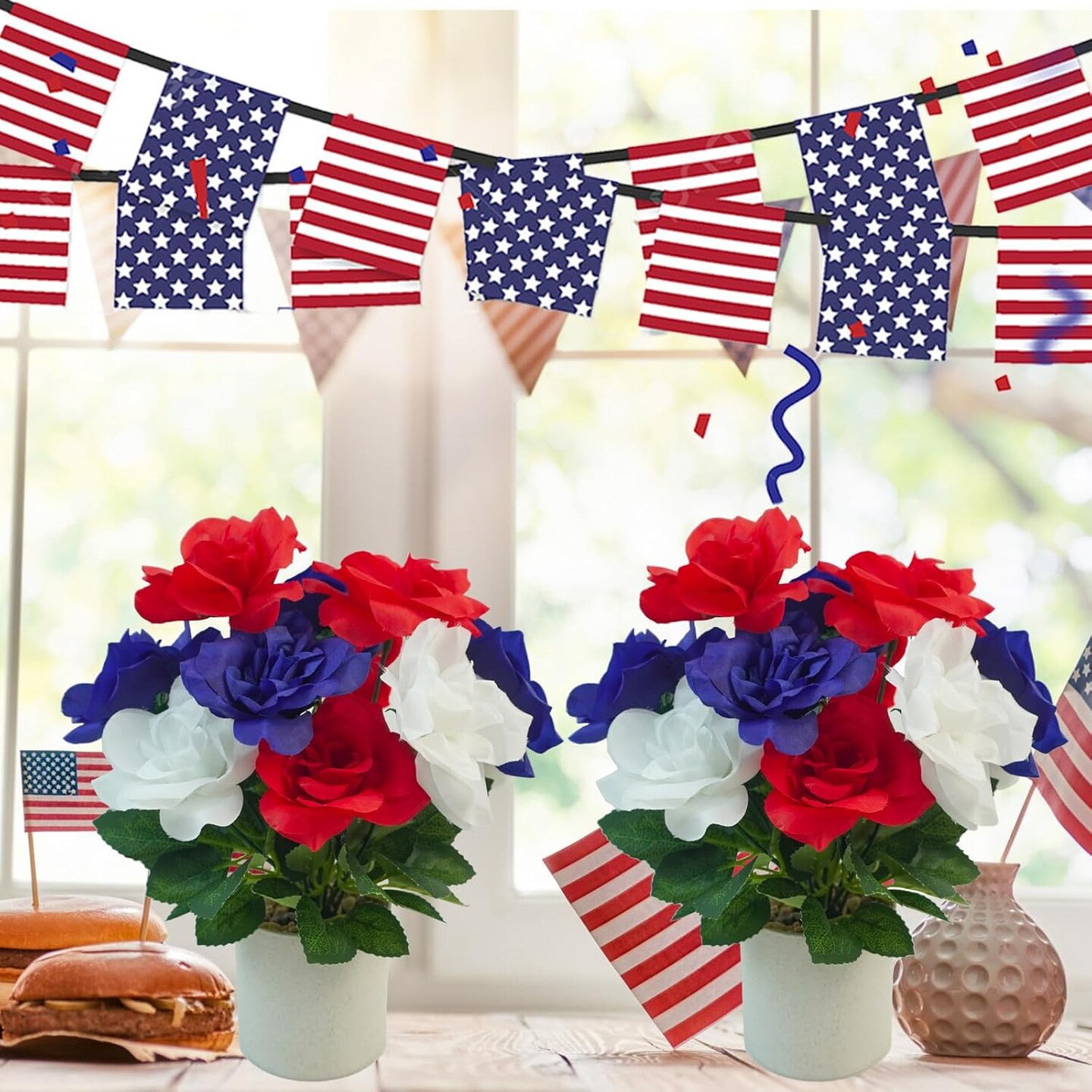 2 Pack Artificial Patriotic Flowers, 4th of July Decorations Red White and Blue Rose Flowers Patriotic