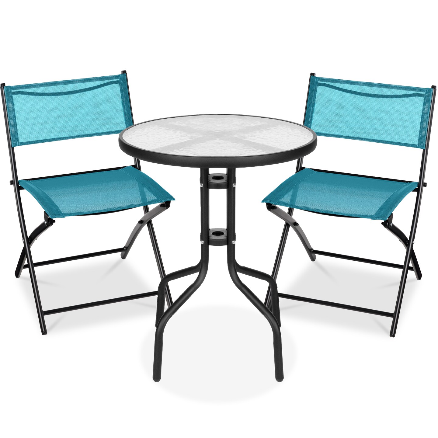 Best Choice Products 3-Piece Patio Bistro Dining Furniture Set w/ Round Textured Glass Tabletop, Folding Chairs