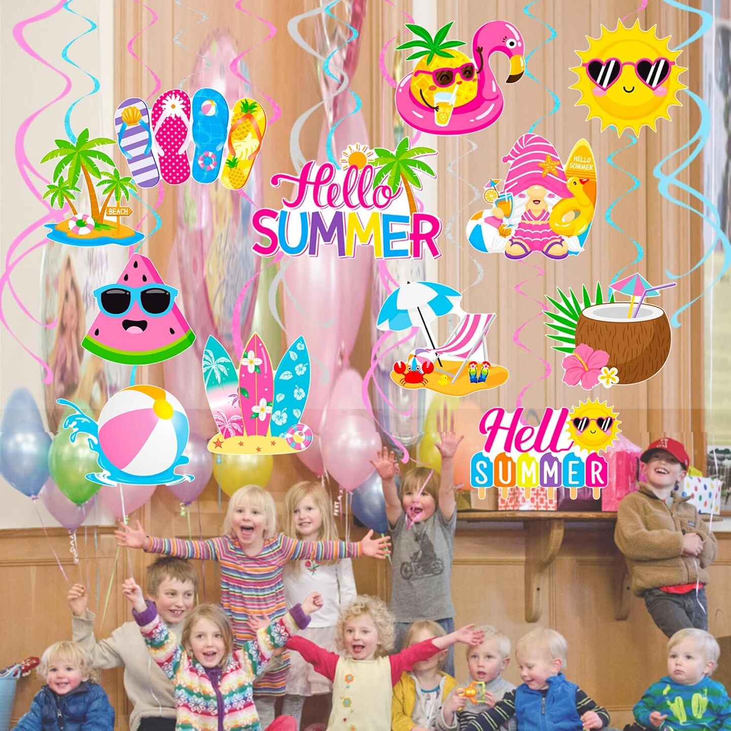 20Pcs Hello Summer Party Hanging Swirls Summer Beach Party Ceiling Hanging Decor Pool Party Hanging Streamers Summer Birthday Decorations for Hawaiian Themed Birthday Party Supplies