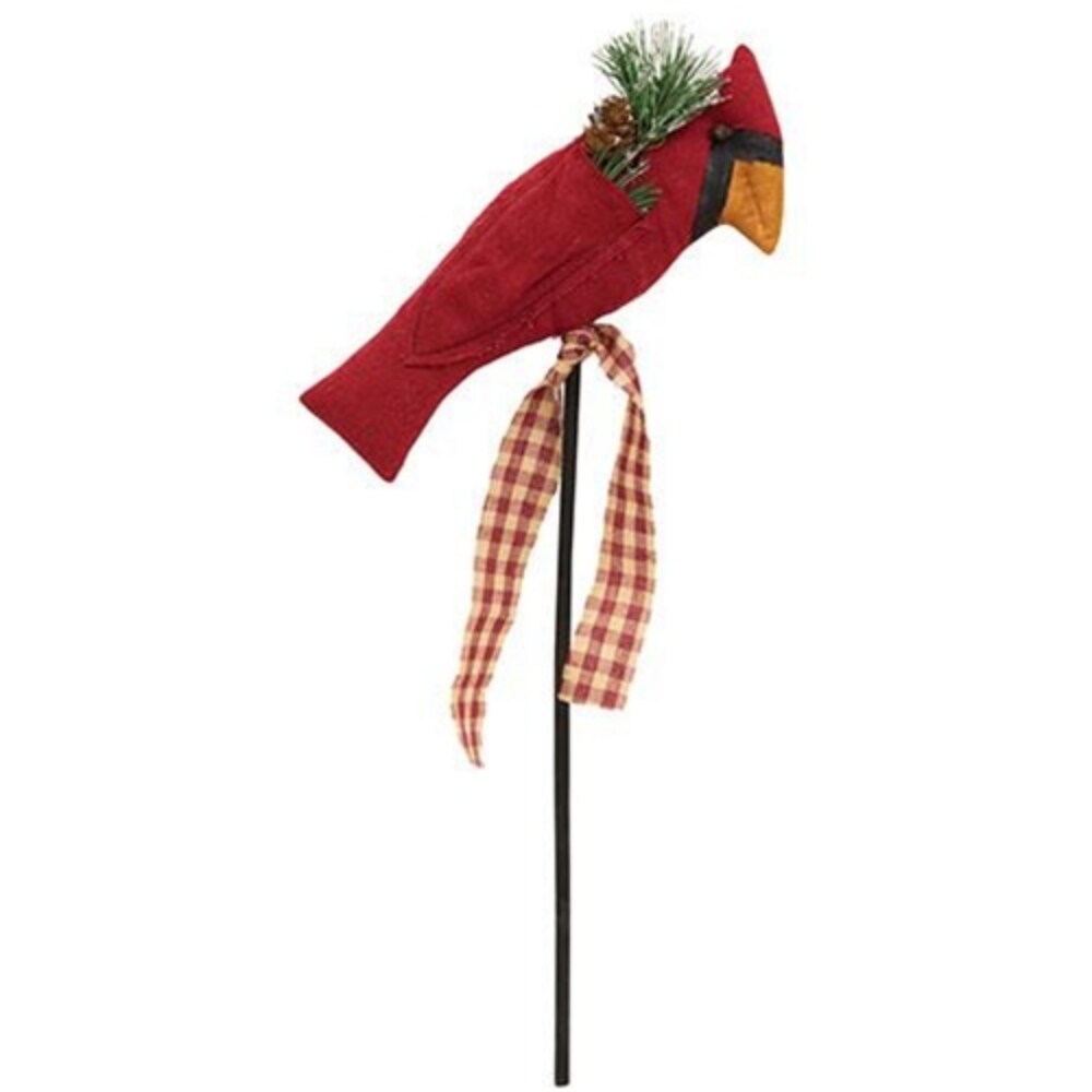 Christmas Cardinal Pick with Greenery and Gingham Bow for Holiday Decor
