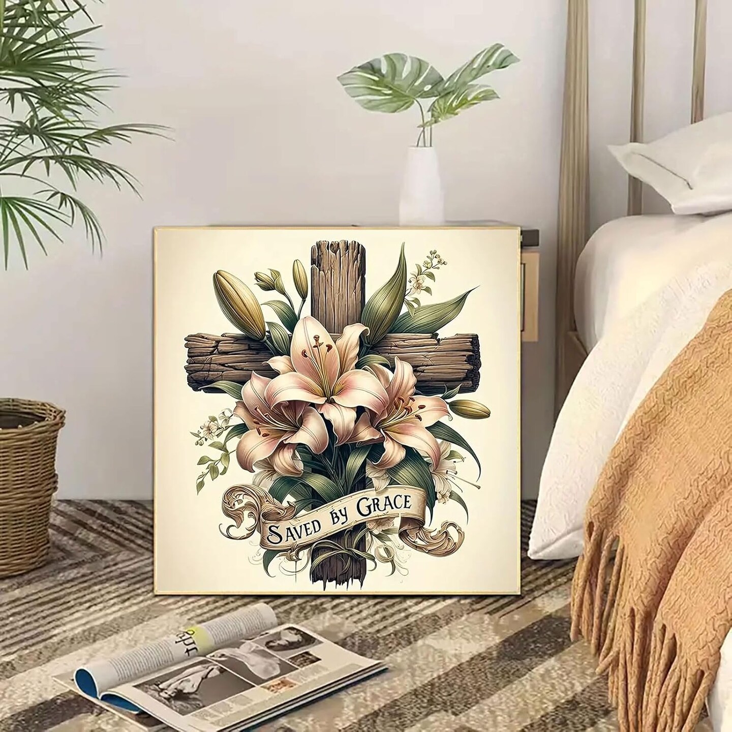 5D Cross Diamond Art Kits for Adults Beginners,DIY Full Round Drill Diamond Painting Kits Religious Cross With Lily Flowers, Paint by Diamonds Dot Gem Art Crystal Easy,Home Wall Decor 13.7X13.7Inch