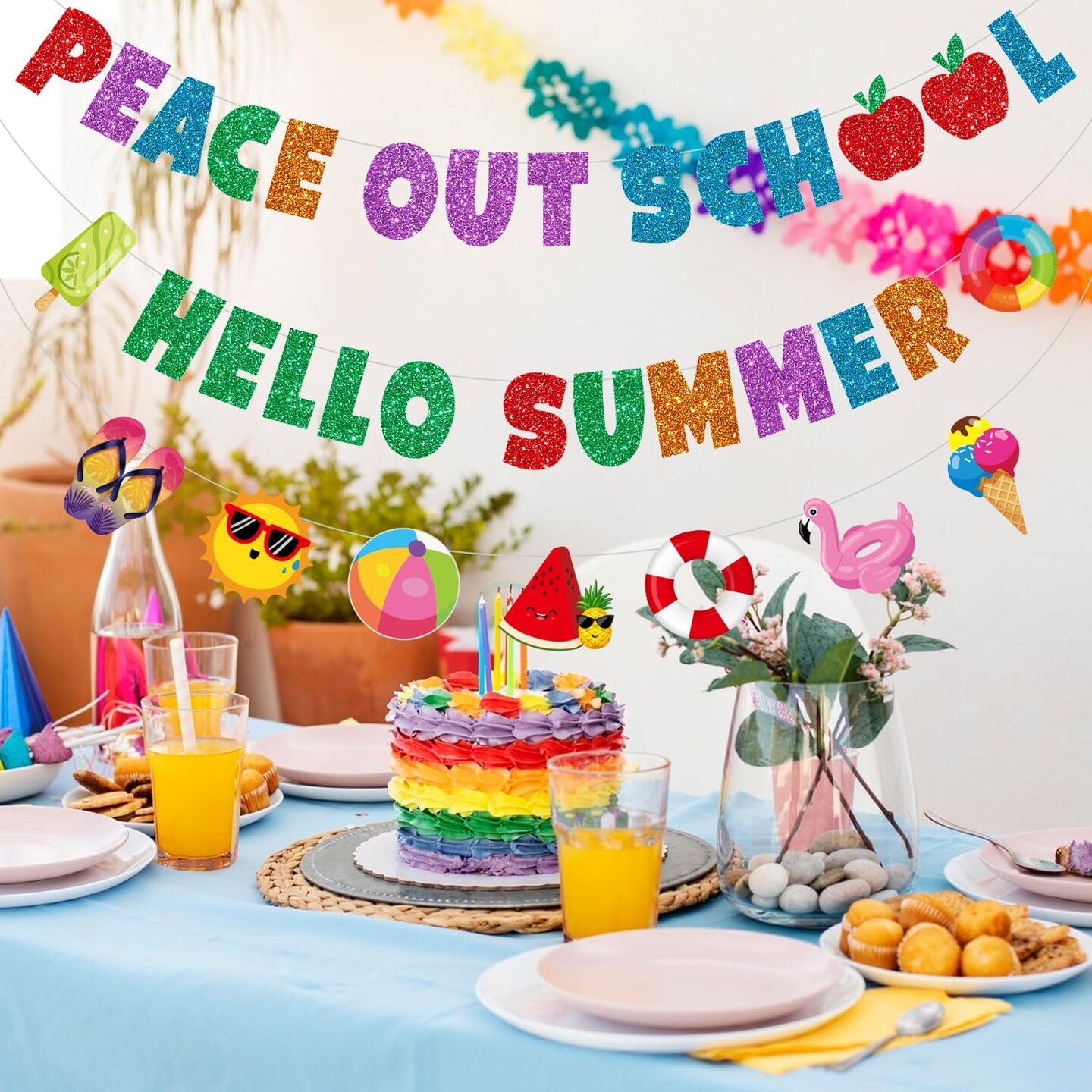 Schools Out for Summer Decorations, Glittery Peace out School Hello Summer Banner, NO-DIY End of School Year Party Decorations Include 1 Pc Last Day of School Decorations Banner and1 Pc Summer Garland