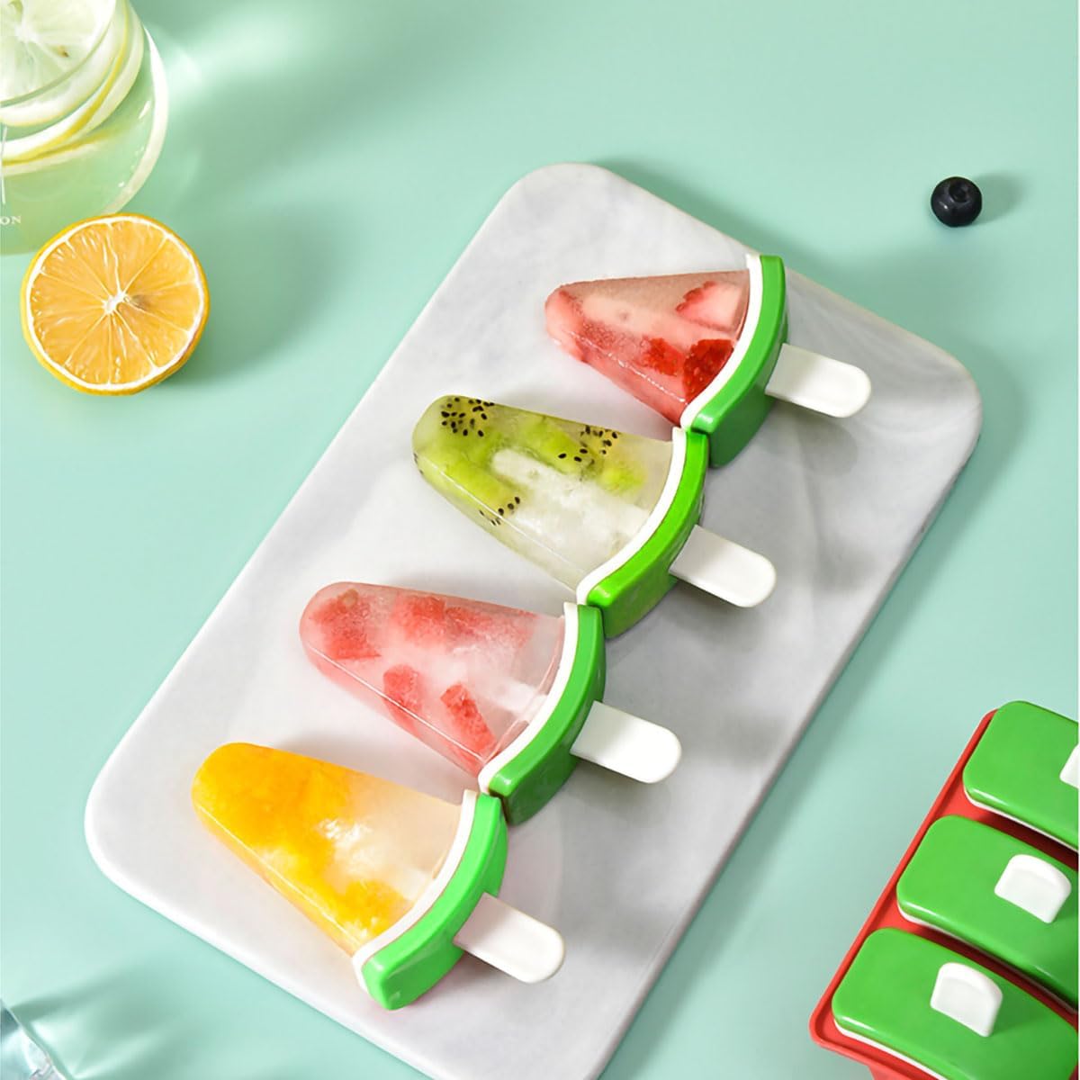 Watermelon Shape Popsicle Molds – 6-Cavity Ice Pop Maker with Sticks, Plastic DIY Ice Cream Molds, Fun Summer Treats (Red)