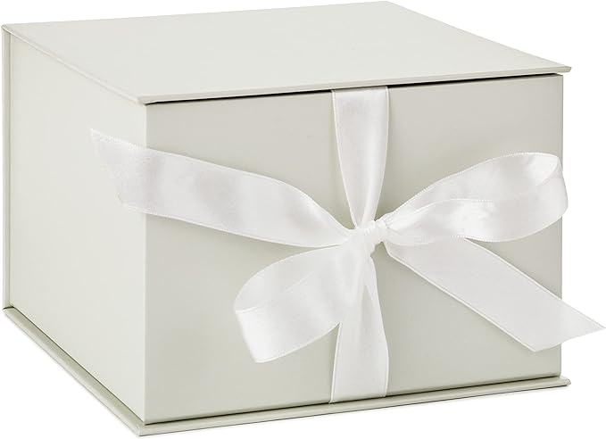 Medium Gift Box with Lid and Shredded Paper Fill (Grey White 7 inch Box) for Weddings, Bridal Showers, Graduations, Birthdays, Bridesmaids Gifts, All Occasion