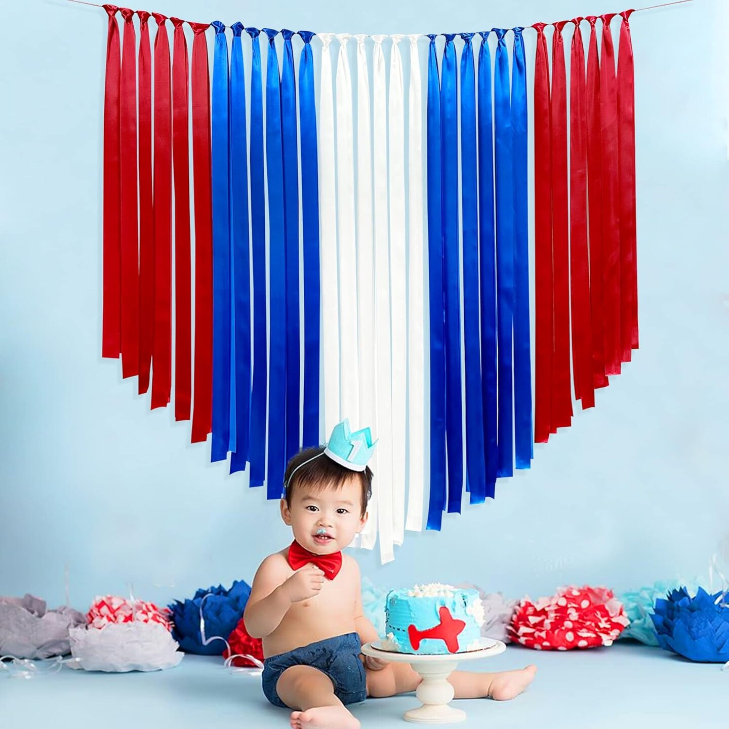 Red Blue and White Party Decorations Ribbon Fringe Hanging Curtain Streamer Backdrop Garlands for 4th of July American Independence Day USA National Day Patriotic Veterans Birthday Graduation Wedding